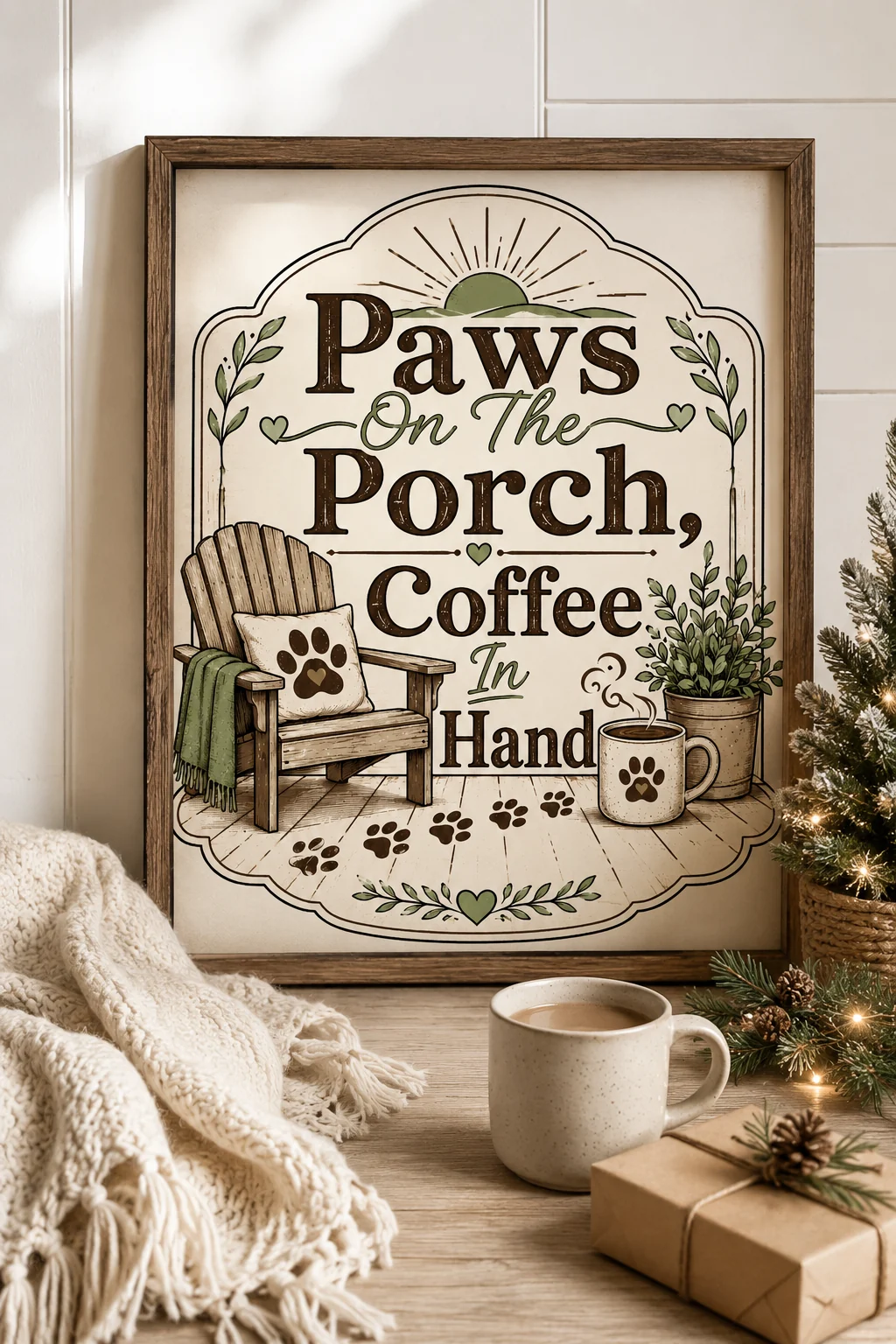 Paws On The Porch, Coffee In Hand wall art displayed in a cozy dog mom home setting with a coffee cup, coiled leash, neutral sneakers, and denim accents