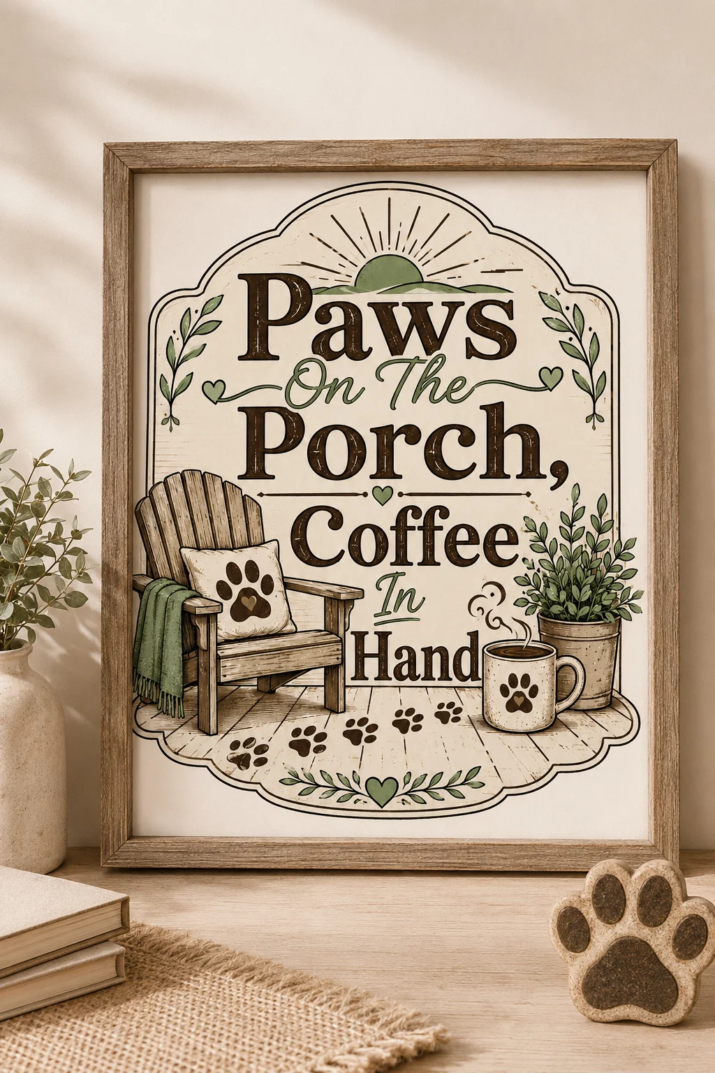 Paws On The Porch, Coffee In Hand wall art in a seasonal setting with soft greenery, neutral gift wrap, a cozy blanket, and a warm mug