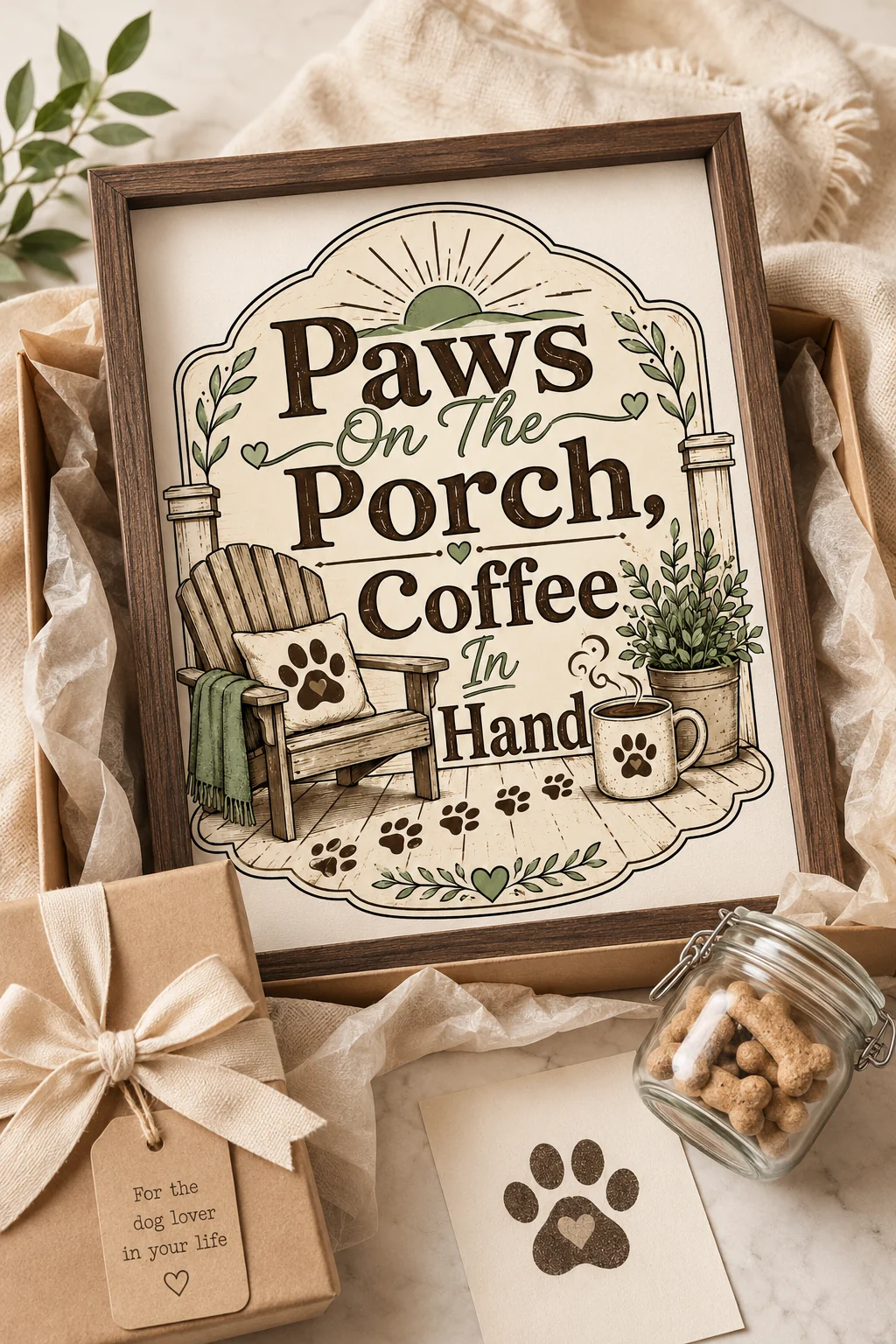 Quote-focused Paws On The Porch, Coffee In Hand wall art against a plain neutral background with soft fabric and a small paw-print accent