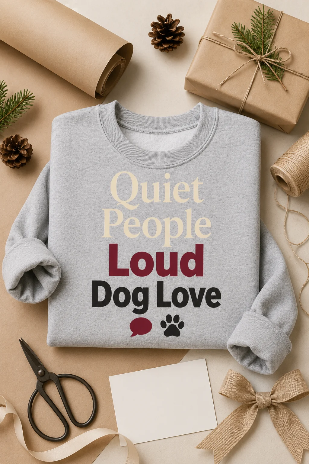 Quiet People Loud Dog Love sweatshirt arranged at a wrapping station with kraft paper, a blank card, and a simple bow