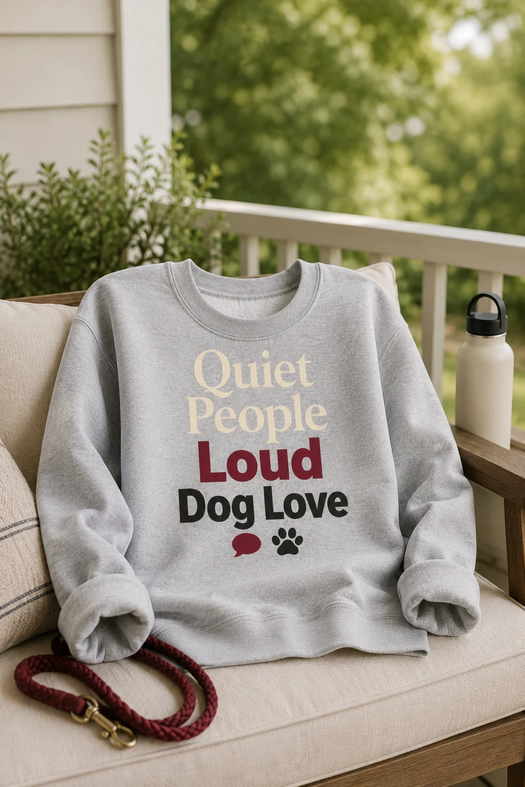 Quiet People Loud Dog Love sweatshirt presented in a front porch seating area with a neutral cushion, leash, and unbranded water bottle