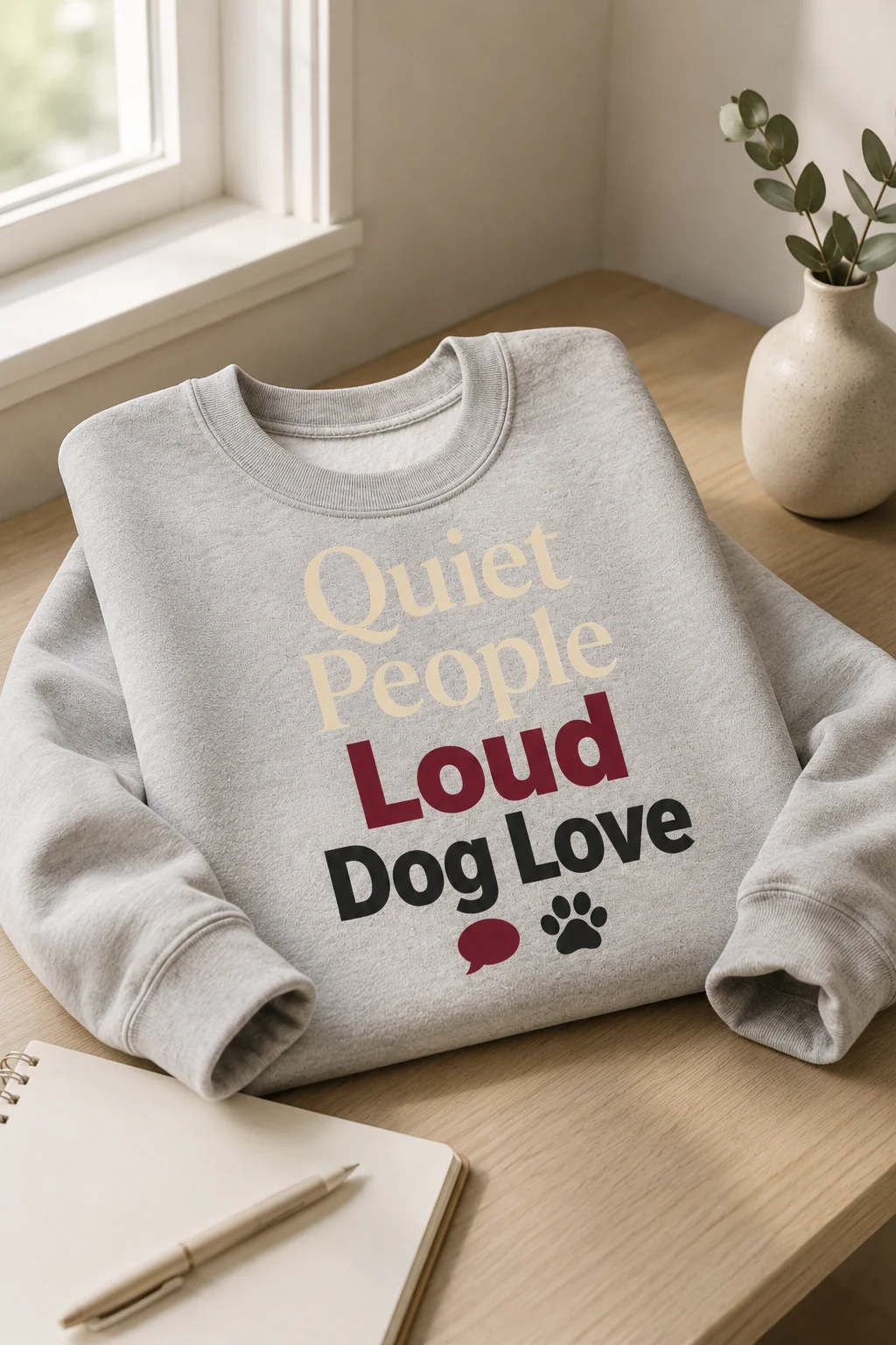 Close-up of the Quiet People Loud Dog Love sweatshirt in a quiet desk vignette with a blank notebook and neutral pen