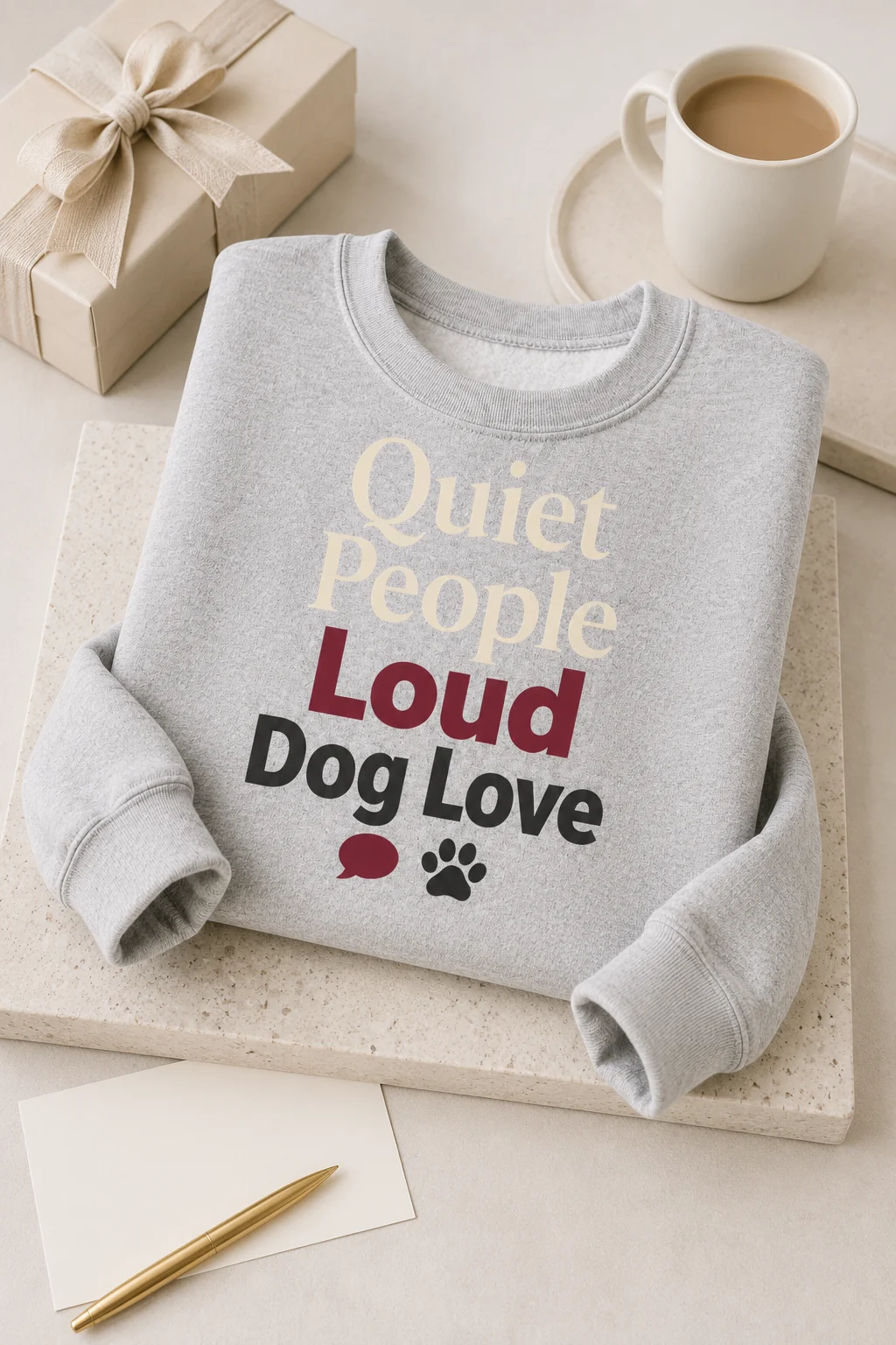 Quiet People Loud Dog Love sweatshirt displayed in an editorial gift comparison setup with plain stands and a blank note card