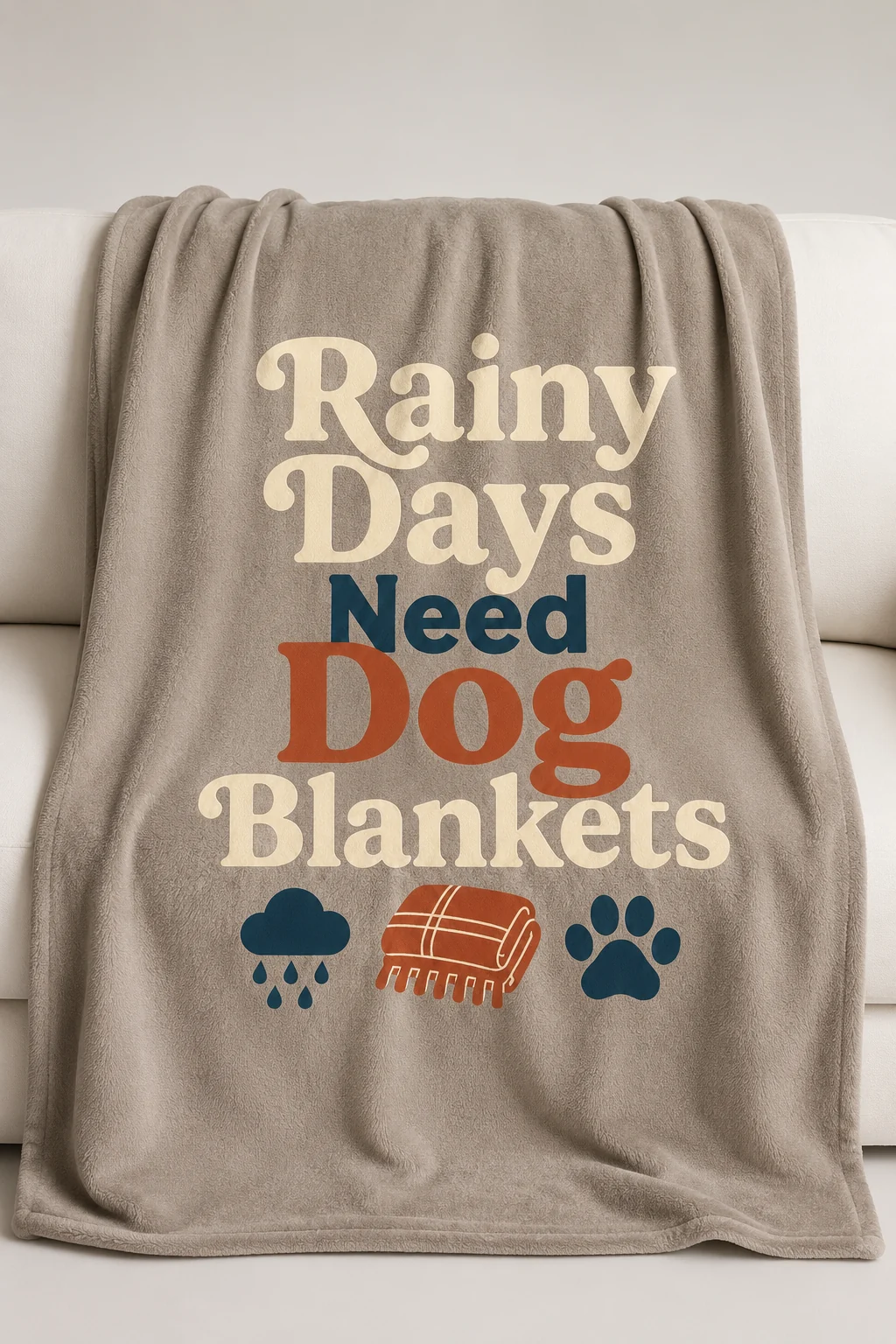 Close-up of a blanket displaying the Rainy Days Need Dog Blankets design against a bright neutral studio background