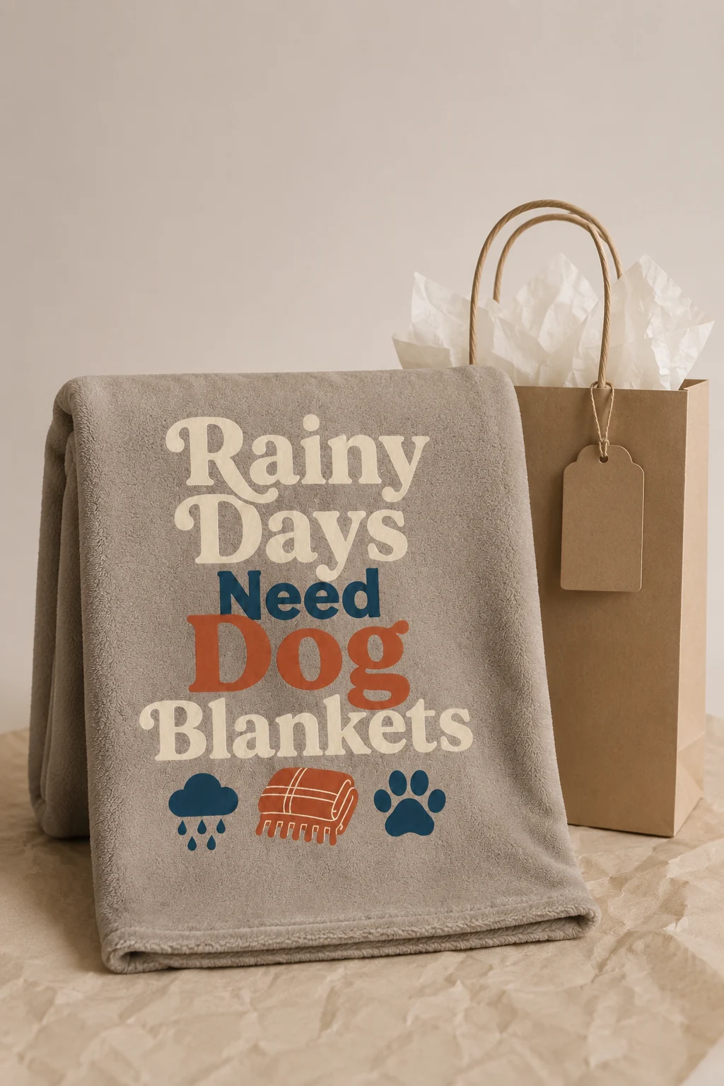 Rainy Days Need Dog Blankets blanket arranged with a plain gift bag, blank tag, and tissue on a minimal paper backdrop