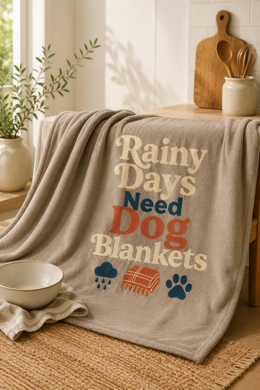 Rainy Days Need Dog Blankets blanket shown in a sunlit kitchen nook with a plain ceramic bowl and neutral cloth
