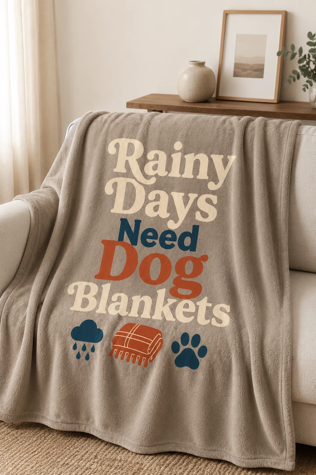 Rainy Days Need Dog Blankets blanket displayed near a simple shelf with an unbranded frame and small ceramic object