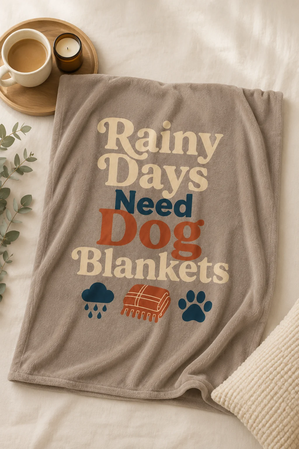 Top-down arrangement featuring the Rainy Days Need Dog Blankets blanket with two complementary unbranded products on a neutral surface