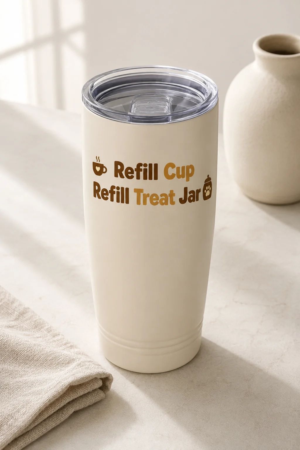 Dog mom tumbler displaying Refill Cup Refill Treat Jar on a clean studio tabletop with folded neutral fabric and a ceramic accent