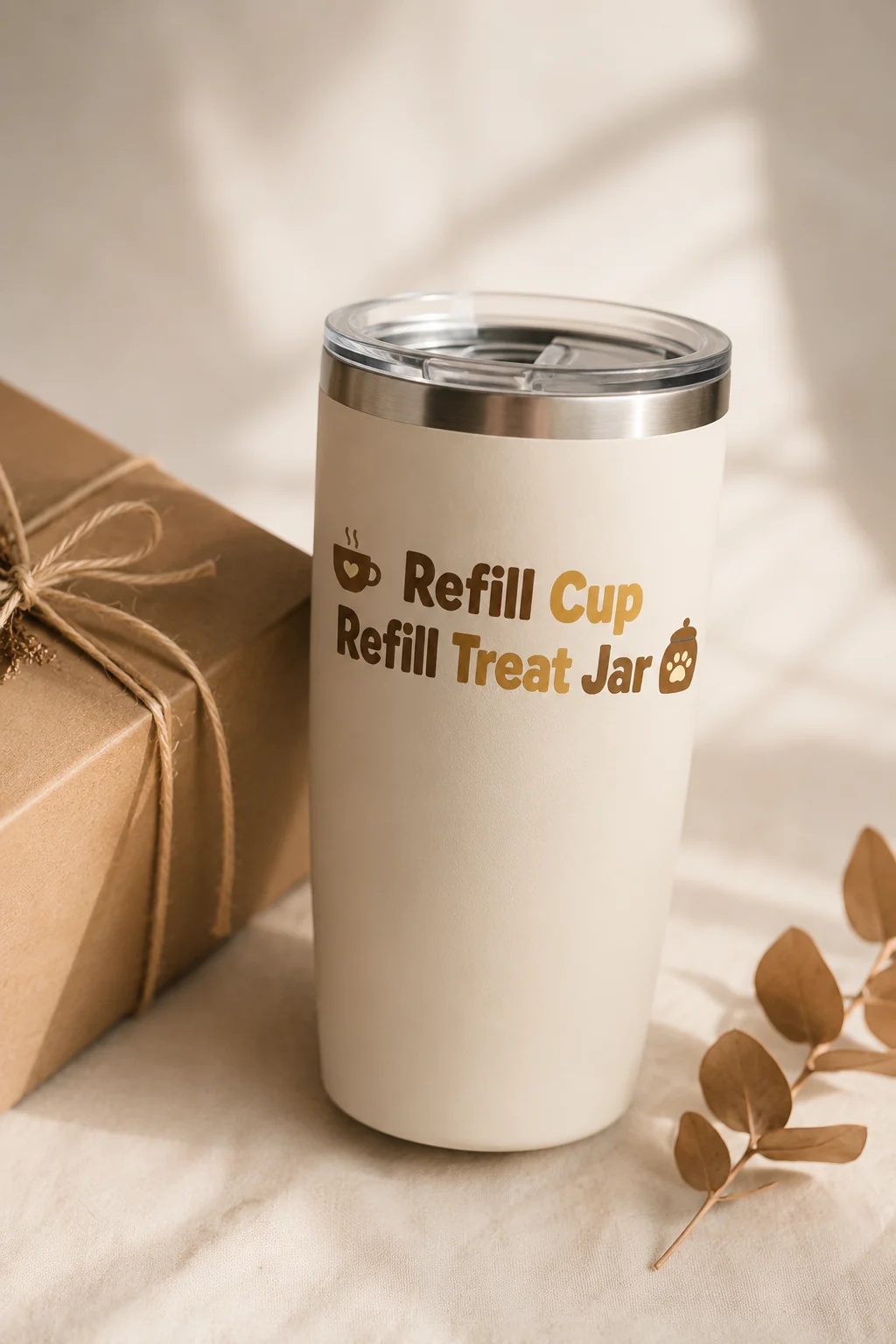 Refill Cup Refill Treat Jar tumbler arranged beside an unbranded gift box, plain twine, and a small dried leaf