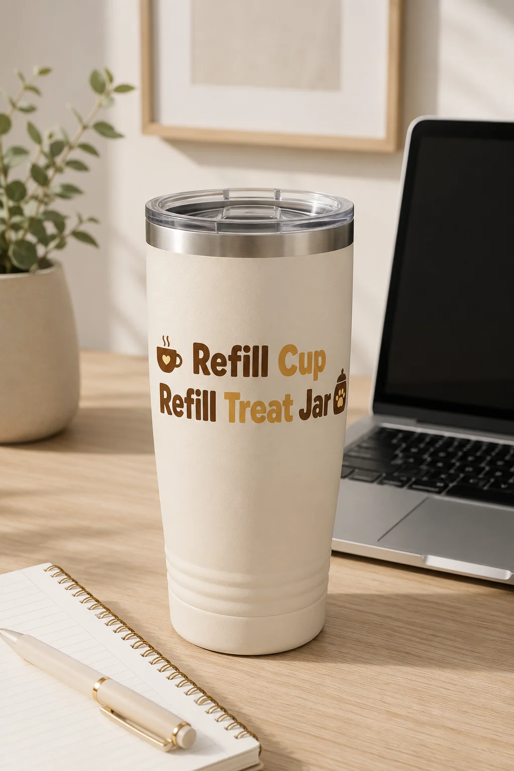 Dog mom tumbler on a minimal home-office desk with a blank laptop screen, notebook, and plain pen