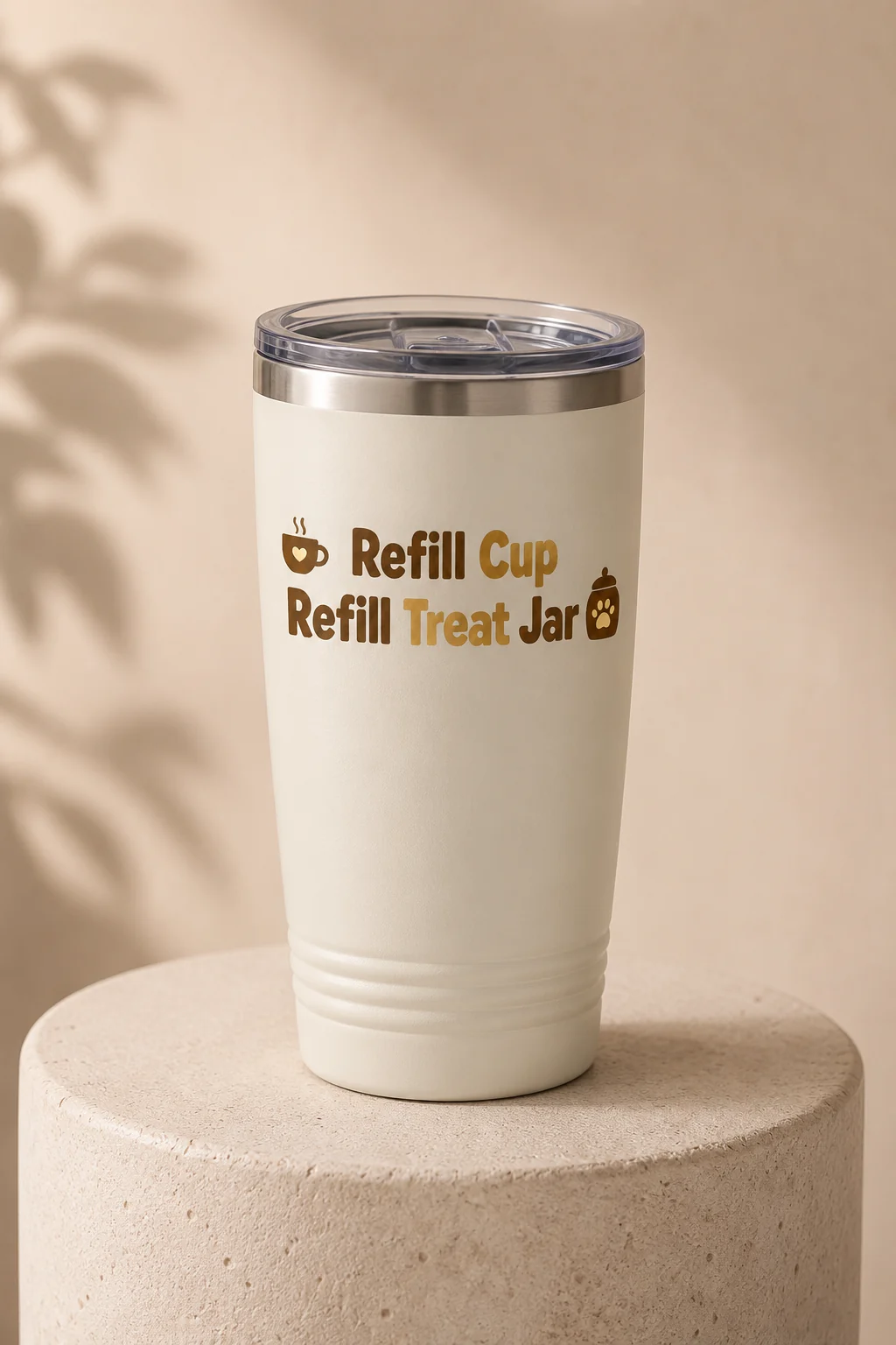 Refill Cup Refill Treat Jar tumbler photographed from a low angle against a matte studio backdrop with a plain display block