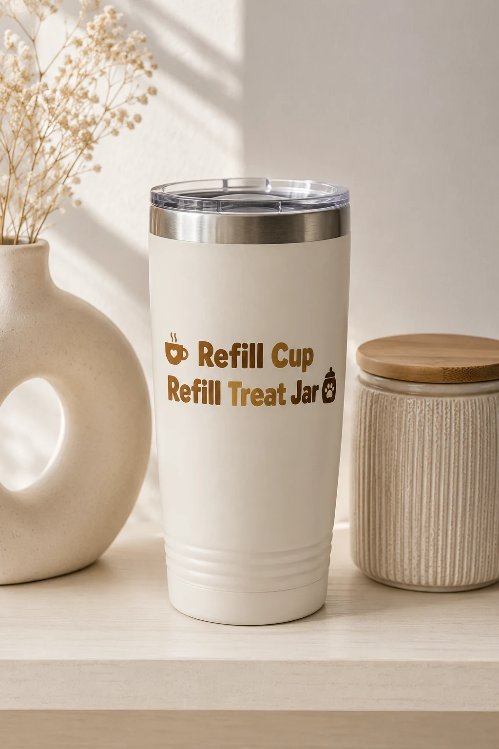 Dog mom tumbler centered on a clean shelf with two matching unbranded decor pieces in a straight-on composition