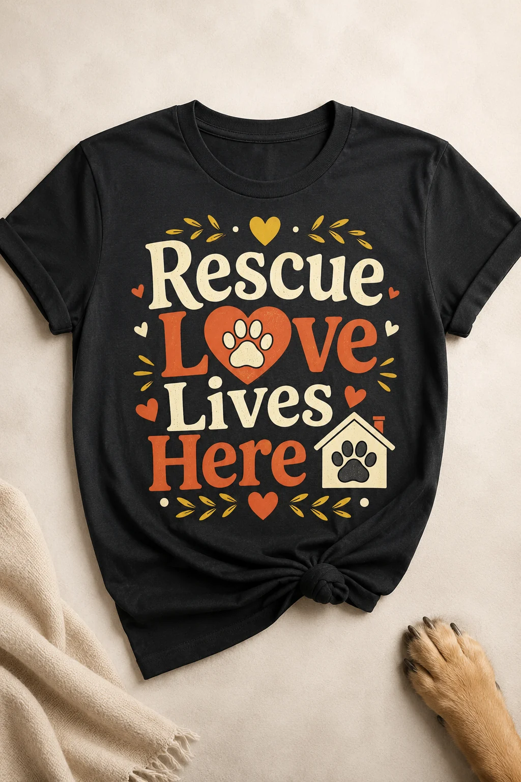 Black crewneck T-shirt with the Rescue Love Lives Here design laid on a warm cream surface beside draped neutral fabric and a golden-colored dog paw