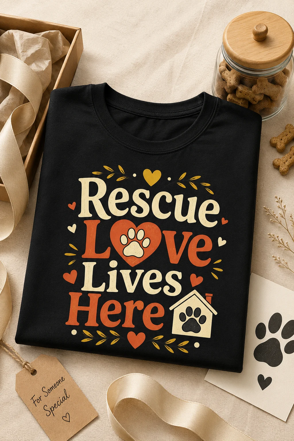 Folded black graphic T-shirt arranged with a kraft gift box, cream ribbon, glass jar of dog biscuits, loose treats, a paw-print card, and a handwritten gift tag
