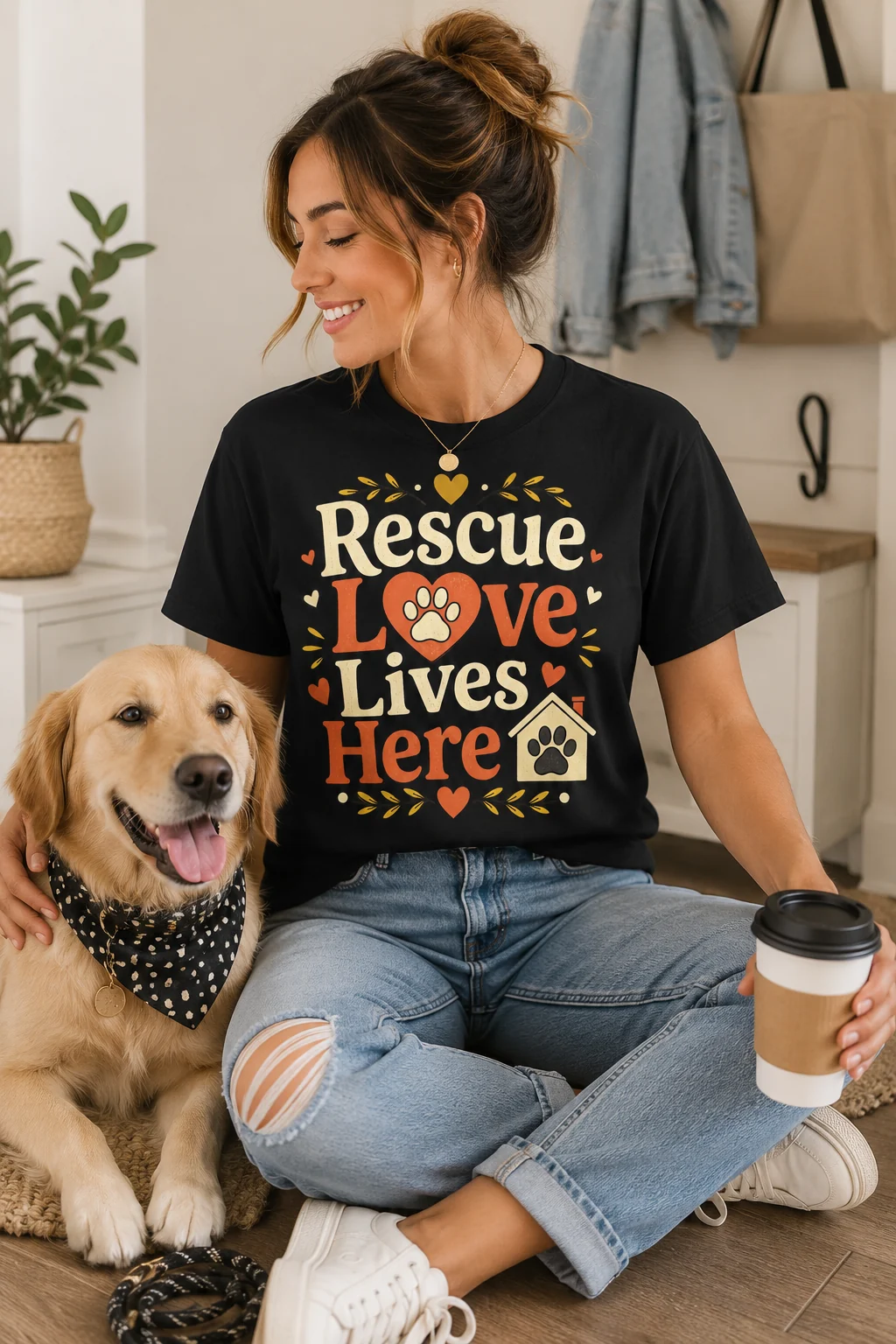 Woman wearing the black Rescue Love Lives Here T-shirt with ripped jeans and white sneakers while sitting beside a golden-colored dog and holding a takeaway coffee cup