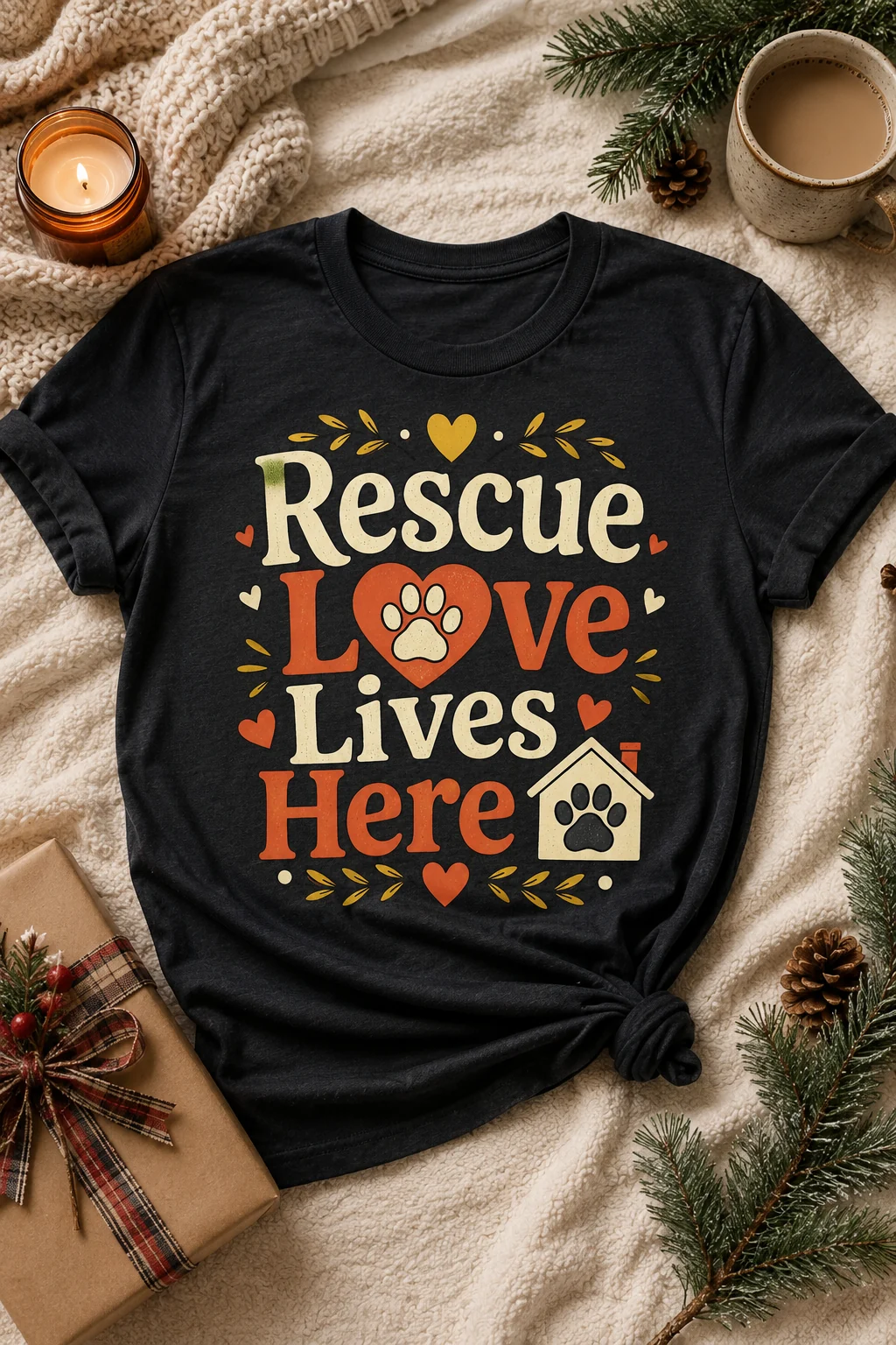 Black rescue dog graphic T-shirt displayed on a cream blanket with evergreen branches, pinecones, a lit candle, coffee mug, and a plaid-ribbon gift