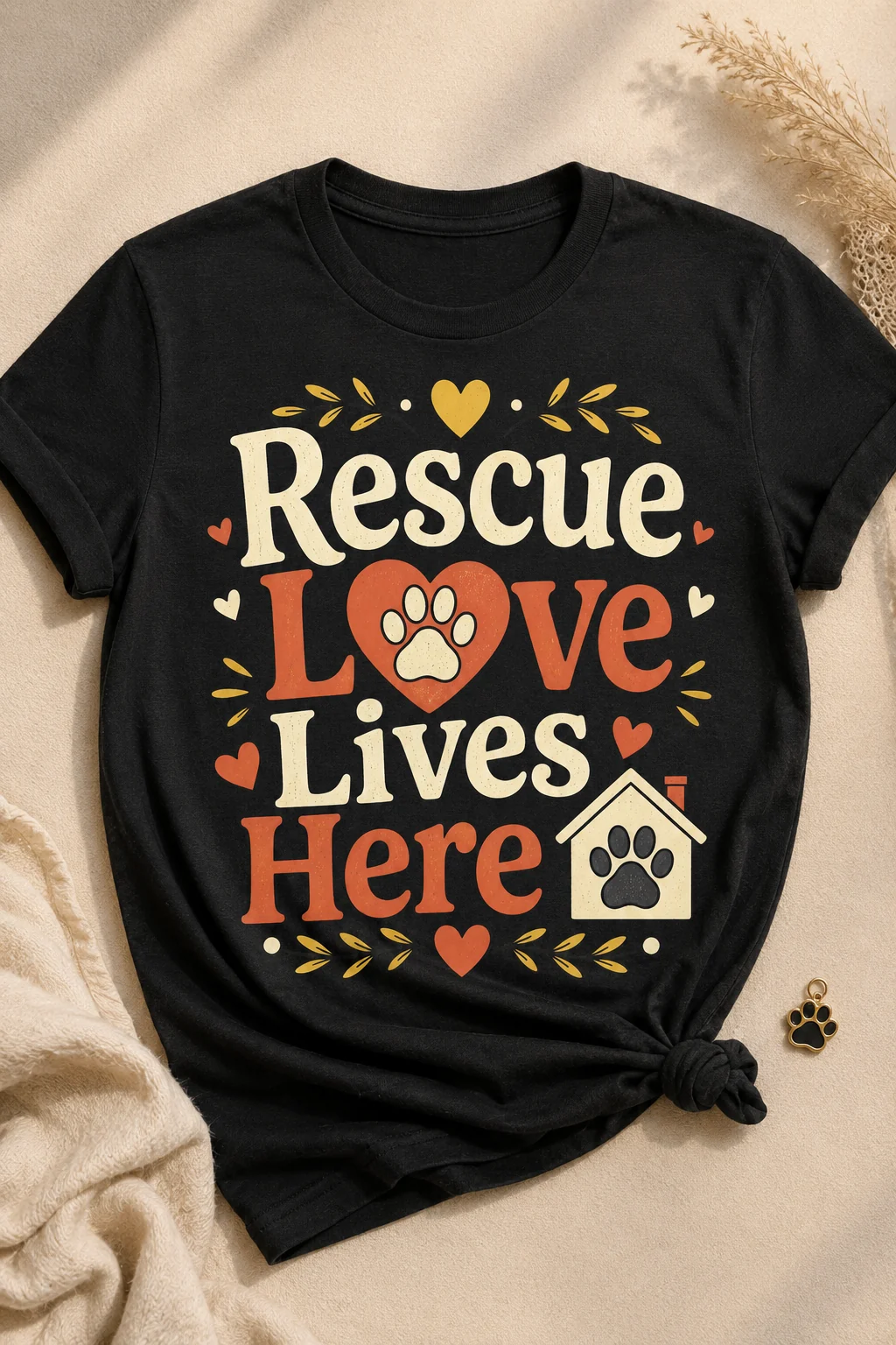 Black knotted T-shirt centered on a softly lit beige surface with the rescue quote prominent, neutral fabric at the lower left, dried grasses above, and a small paw charm