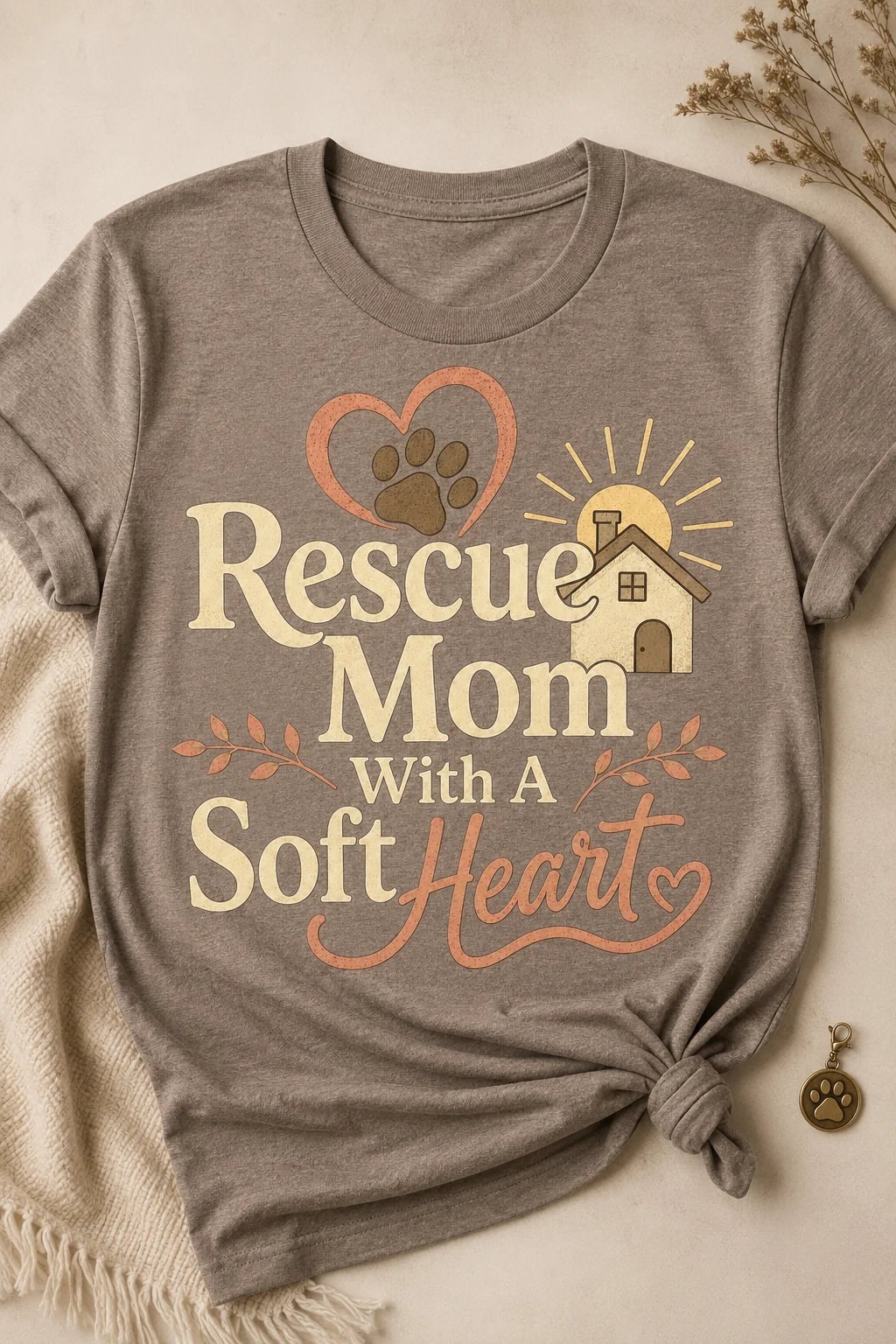 Close-up of a Rescue Mom With A Soft Heart t-shirt on a warm neutral surface with folded fabric and a small paw charm