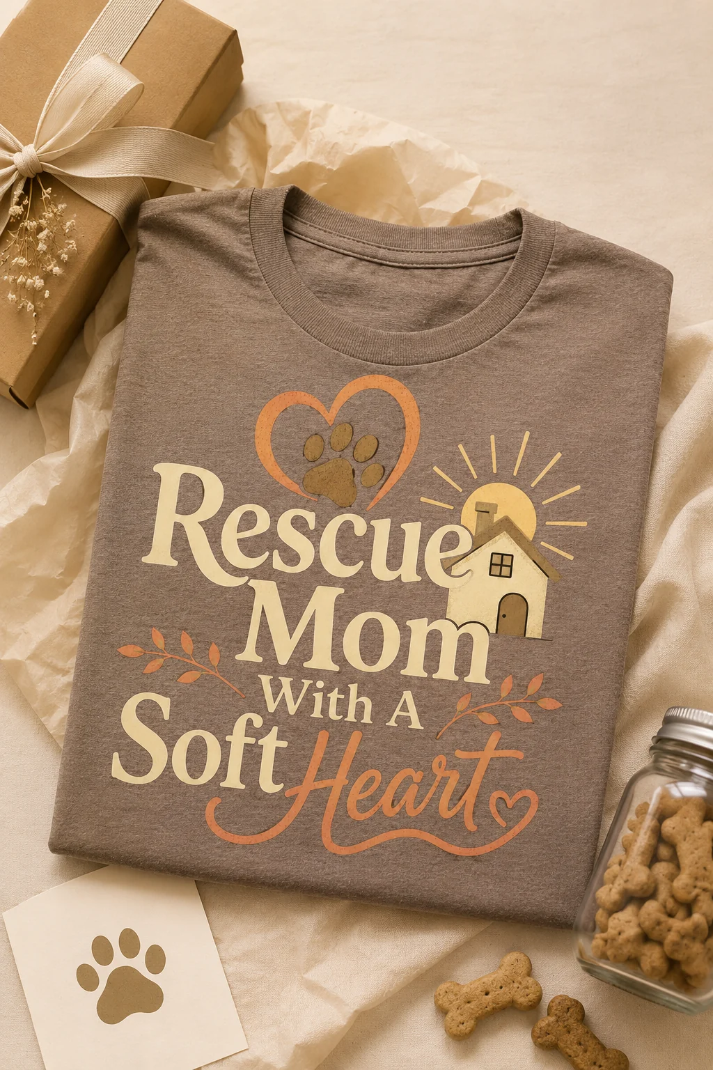 Rescue Mom With A Soft Heart t-shirt arranged in a neutral gift flat lay with a kraft box, ribbon, tissue paper, dog treat jar, and paw-print card