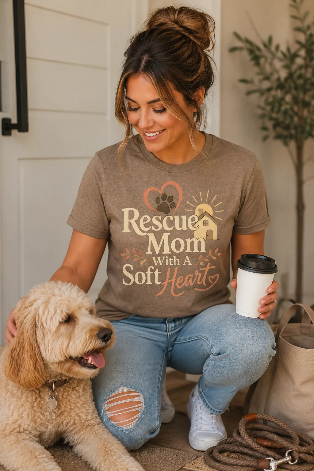 Rescue Mom With A Soft Heart t-shirt in a casual dog-walk scene with a coiled leash, coffee cup, neutral sneakers, and denim
