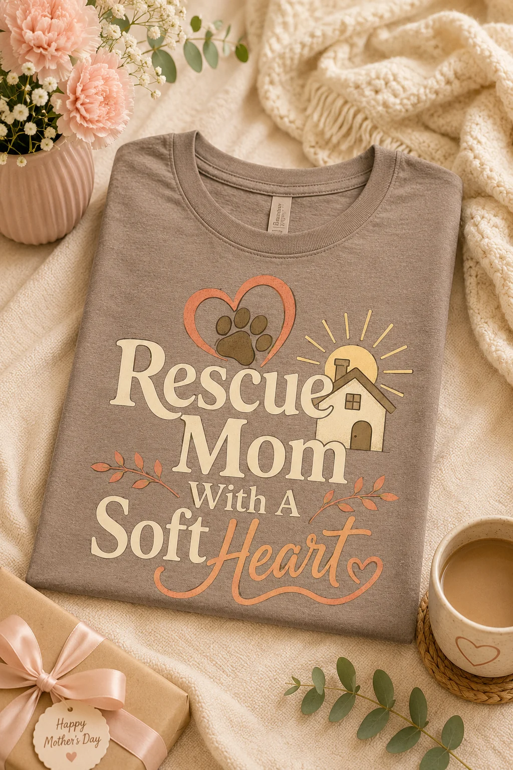 Rescue Mom With A Soft Heart t-shirt in a seasonal gift setting with greenery, a cozy blanket, wrapping details, and a warm mug