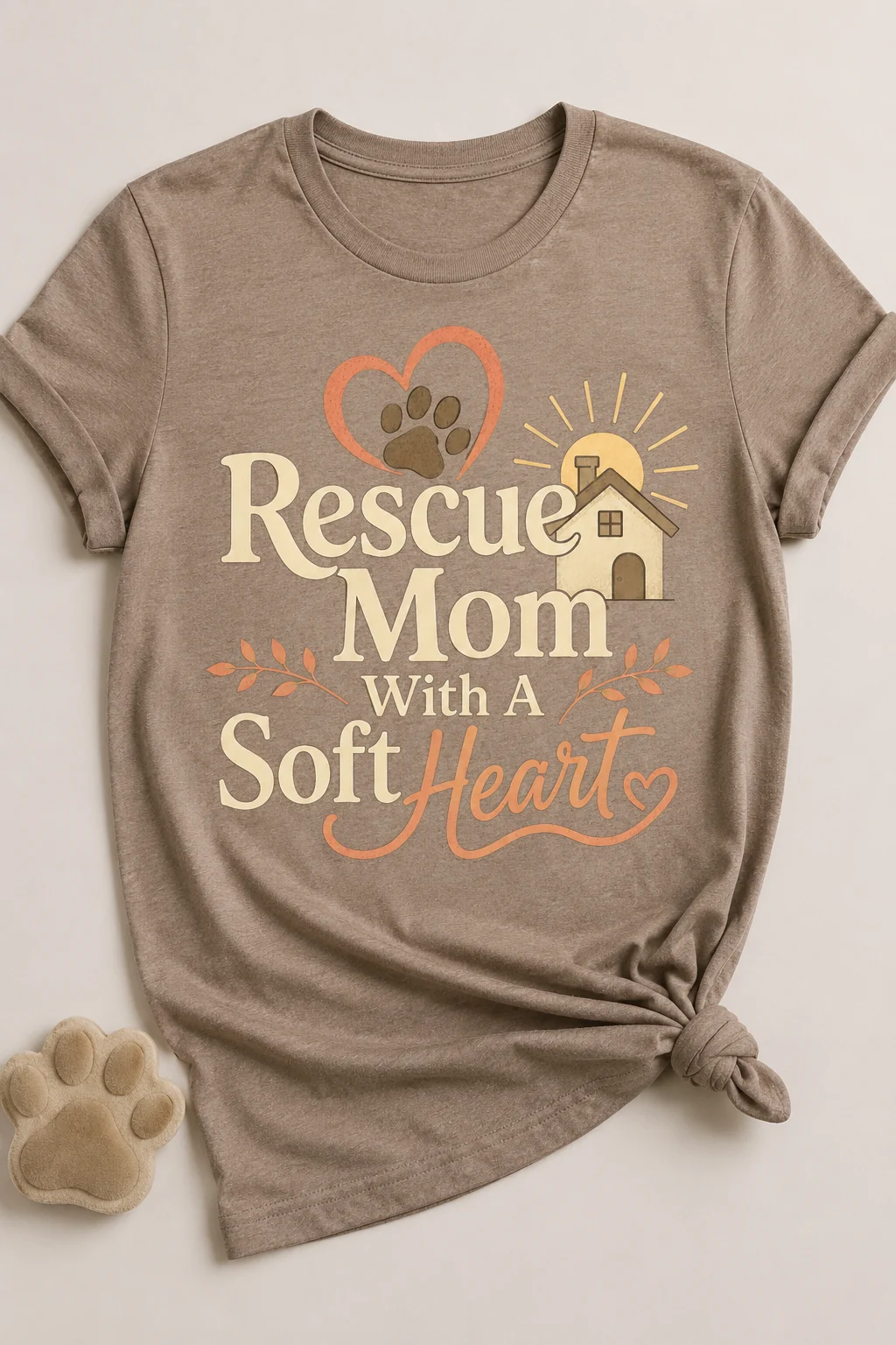 Rescue Mom With A Soft Heart t-shirt displayed against a plain neutral background with soft fabric texture and a subtle paw-print prop