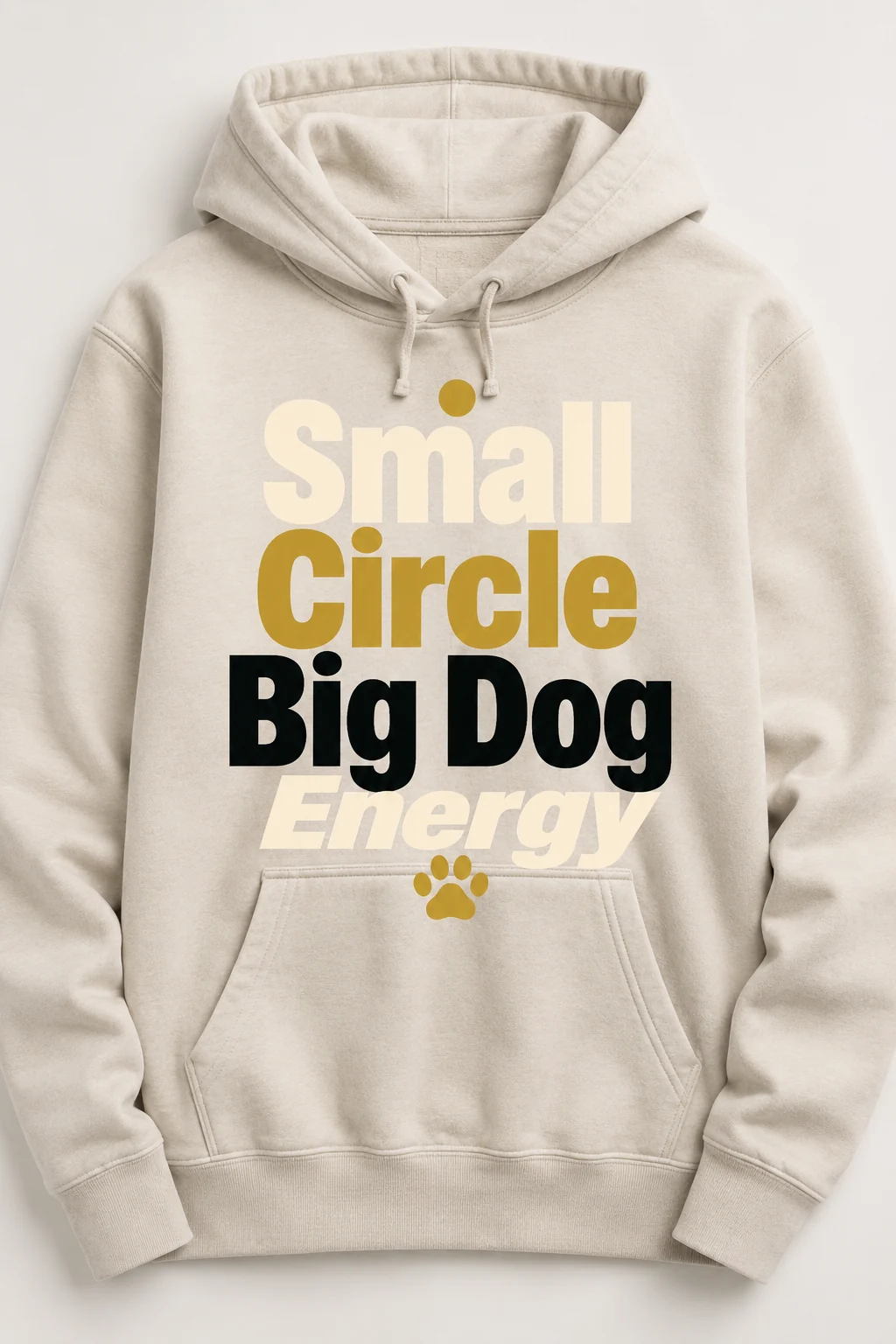 Centered close-up of a hoodie displaying the Small Circle Big Dog Energy design against a bright neutral studio background