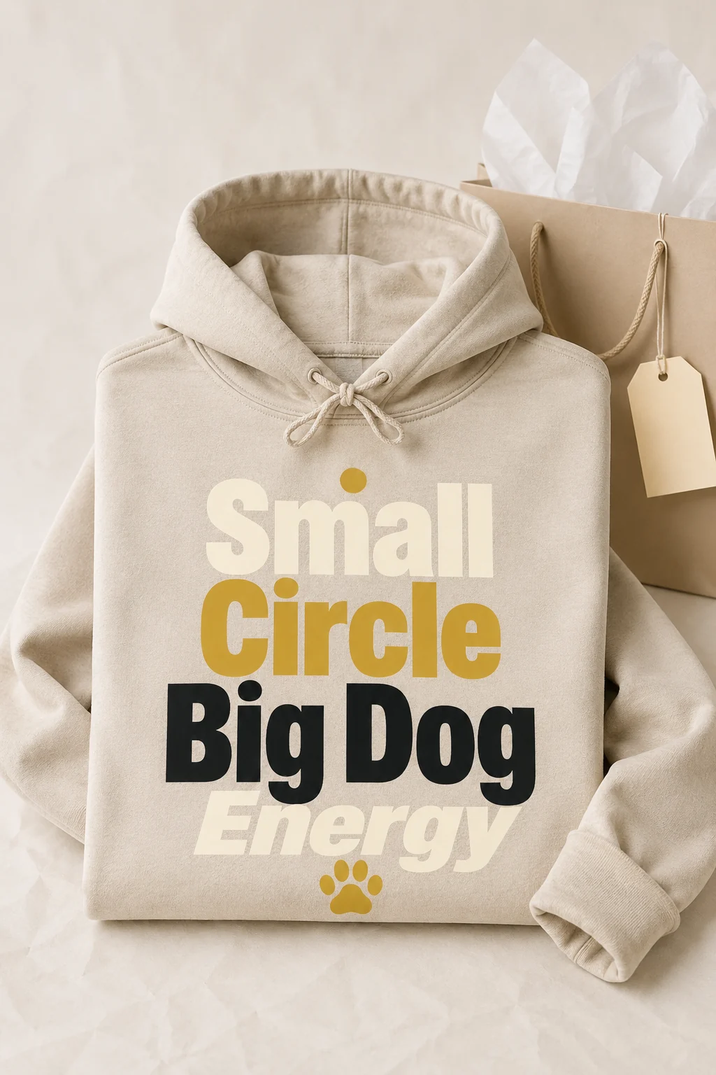 Small Circle Big Dog Energy hoodie arranged with a plain gift bag, blank tag, and tissue on a minimal paper backdrop