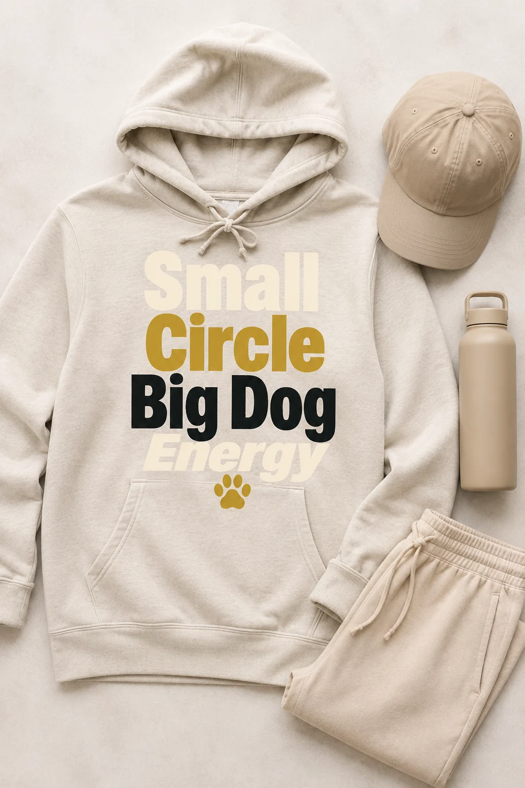 Small Circle Big Dog Energy hoodie shown at a 45-degree angle in a sunlit kitchen nook with a ceramic bowl and neutral cloth