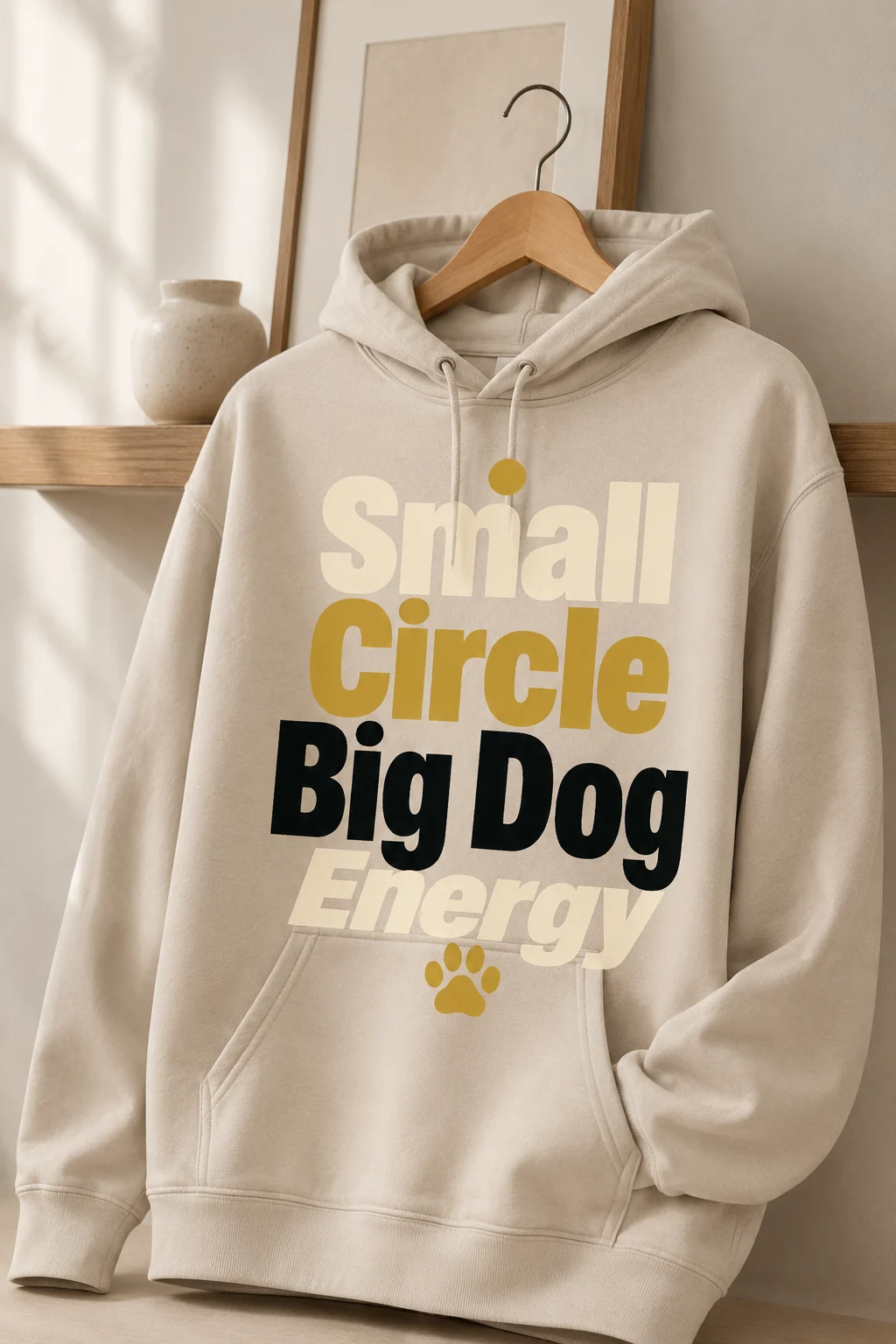 Small Circle Big Dog Energy hoodie beside a simple shelf with an unbranded frame and small ceramic object