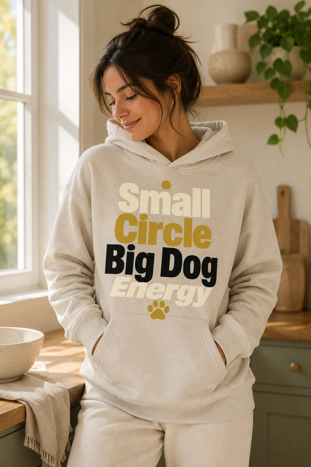 Top-down arrangement of the Small Circle Big Dog Energy hoodie with two complementary unbranded products on a neutral surface