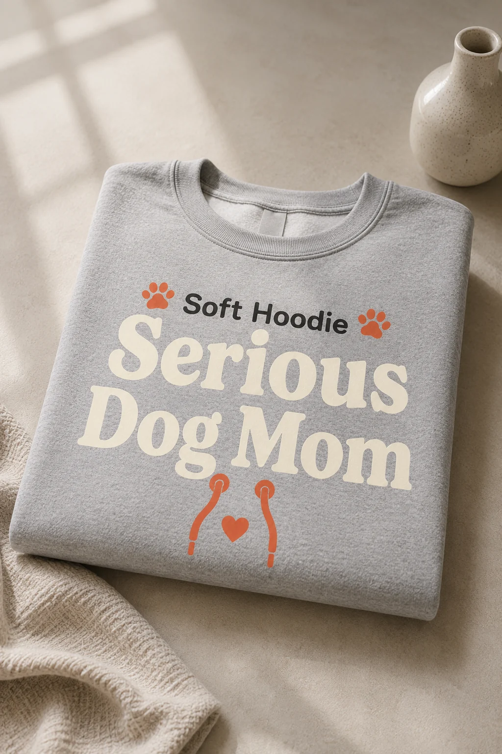 Dog mom sweatshirt displayed on a clean studio tabletop with folded neutral fabric and a simple ceramic prop