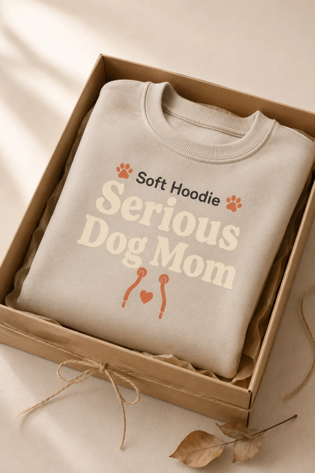 Soft Hoodie Serious Dog Mom sweatshirt arranged beside an unbranded gift box, plain twine, and a small dried leaf