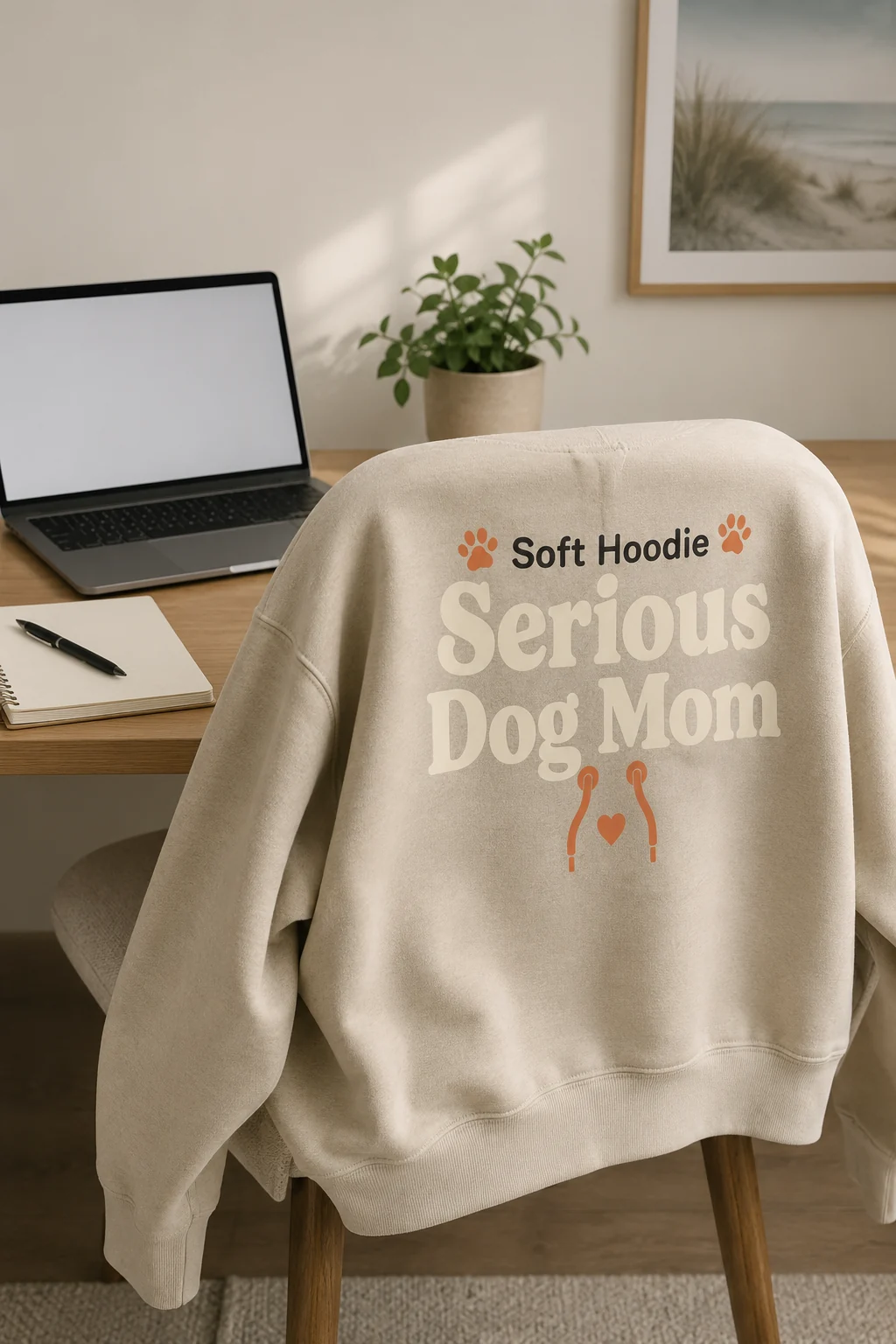 Dog mom sweatshirt styled in a minimal home office with a blank-screen laptop, notebook, and plain pen
