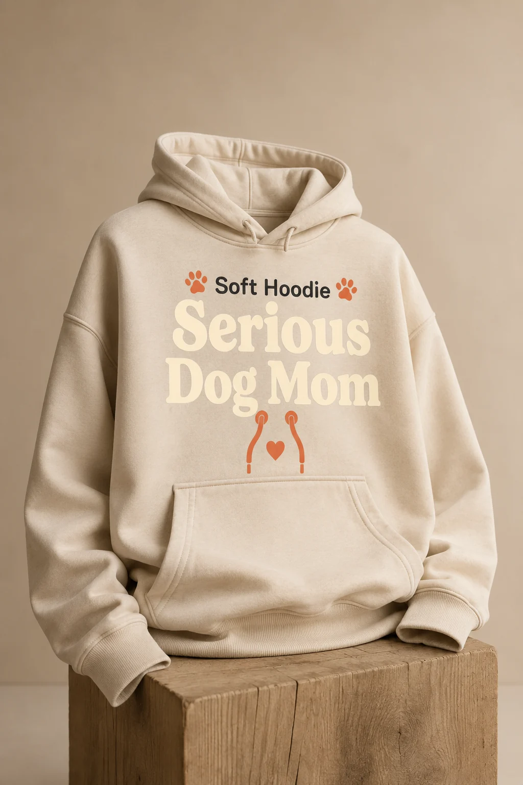 Soft Hoodie Serious Dog Mom sweatshirt against a matte studio backdrop with directional light and a plain display block