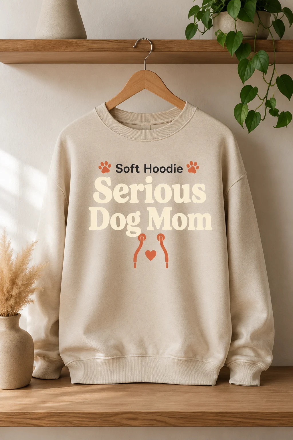Dog mom sweatshirt displayed in a clean shelf collection with two coordinated unbranded decor pieces