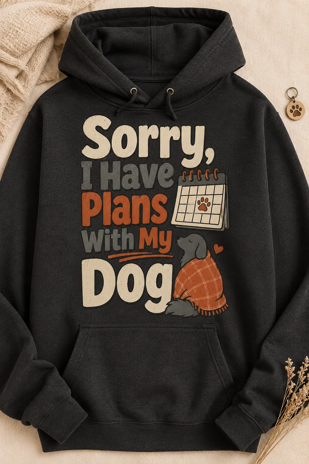 Close-up of a hoodie displaying the words Sorry, I Have Plans With My Dog on a warm neutral studio surface with minimal dog-themed props