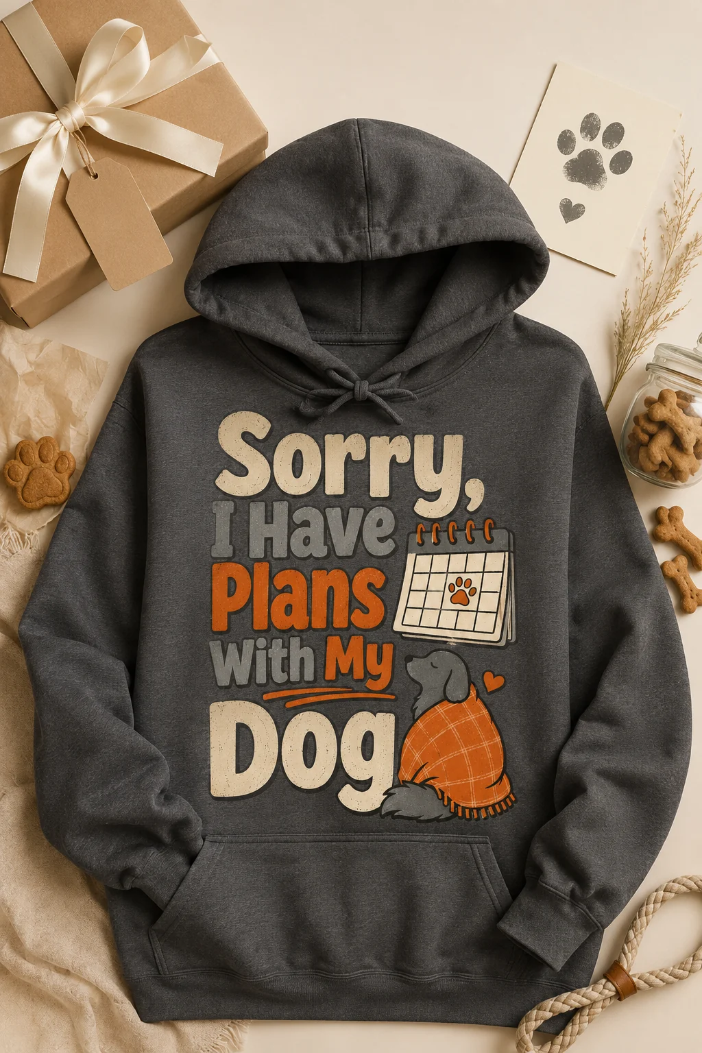 Sorry, I Have Plans With My Dog hoodie arranged as a gift with a kraft box, ribbon, tissue paper, dog treat jar, and paw-print card