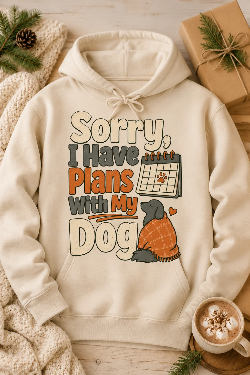 Sorry, I Have Plans With My Dog hoodie in a seasonal gift setting with greenery, a cozy blanket, wrapping paper, and a warm mug