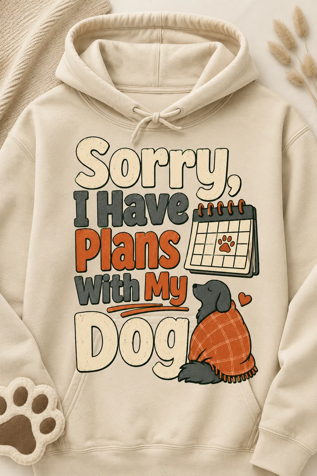 Front-facing dog mom hoodie on a plain neutral background with the statement design emphasized and a subtle paw-print prop nearby