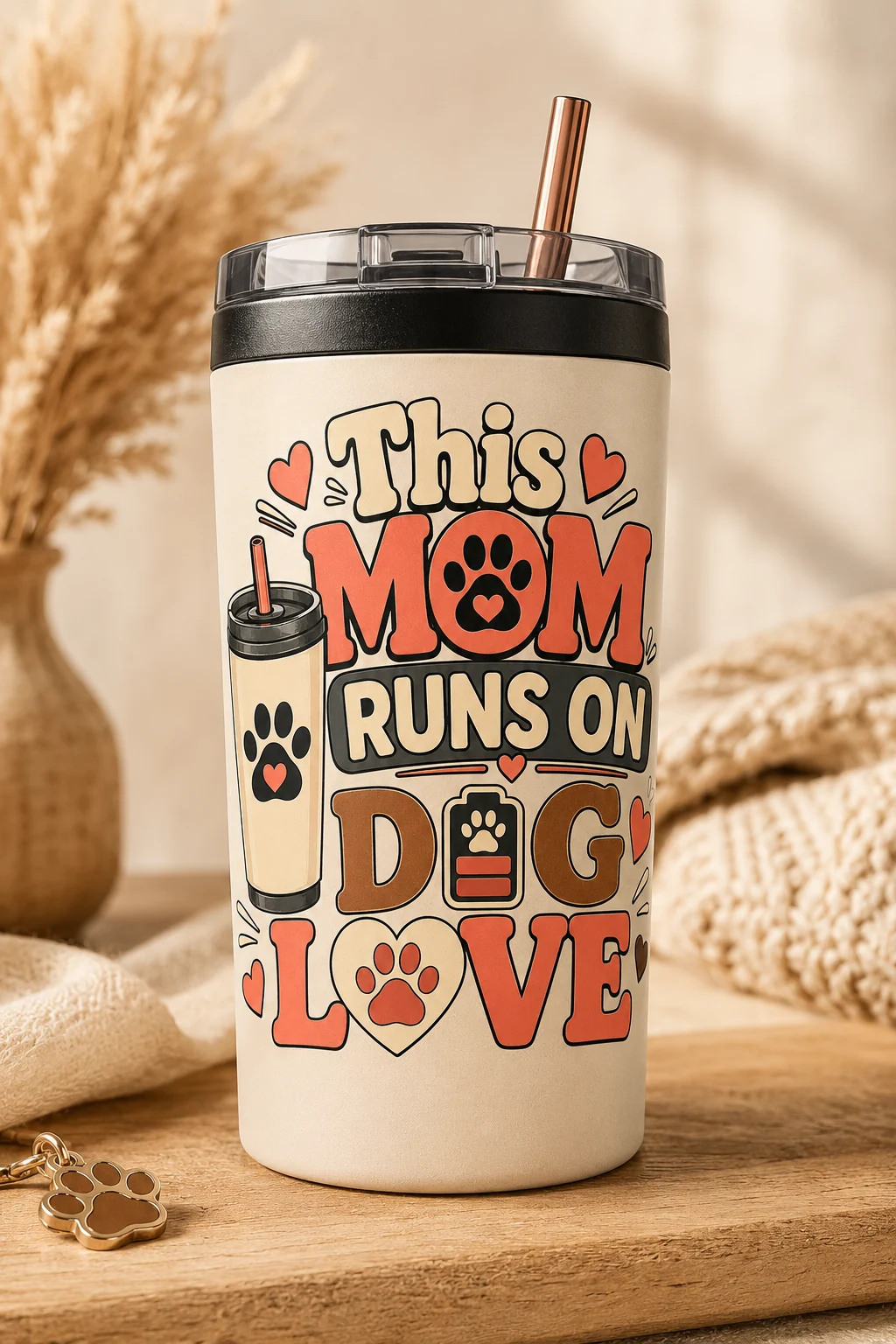 Front-facing tumbler with the words This Mom Runs On Dog Love displayed prominently on a warm neutral studio surface