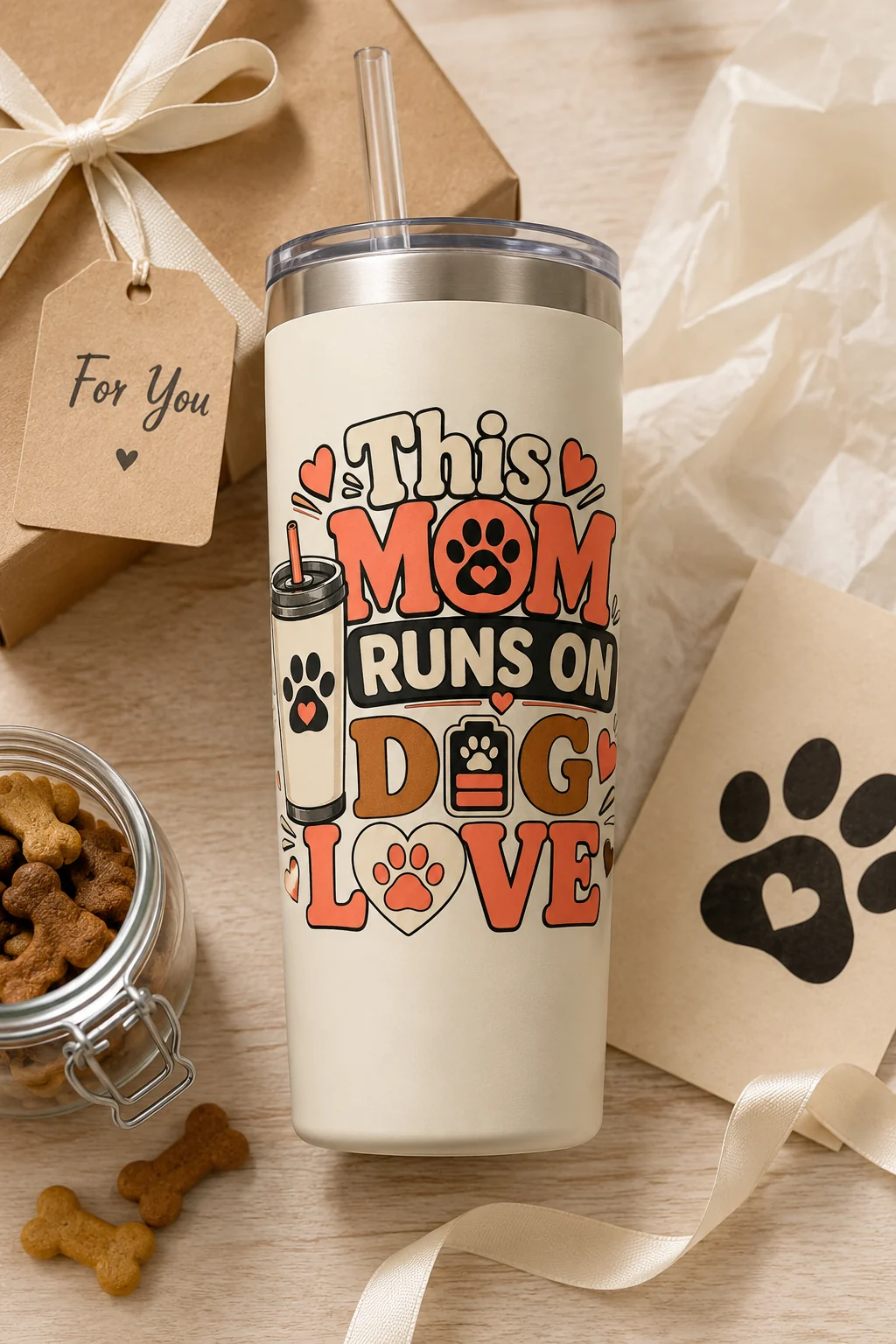 This Mom Runs On Dog Love tumbler arranged in a gift flat lay with a kraft box, ribbon, neutral tag, tissue paper, and dog-themed accents