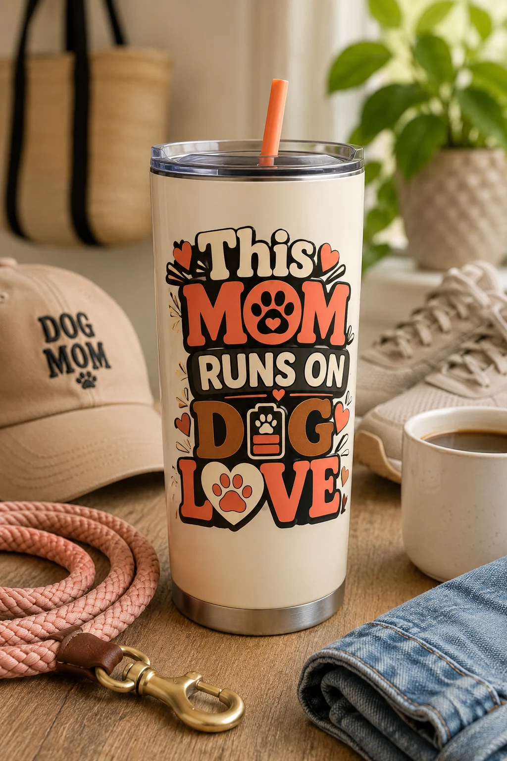 This Mom Runs On Dog Love tumbler in a casual lifestyle scene with a coiled leash, coffee cup, neutral sneakers, and denim