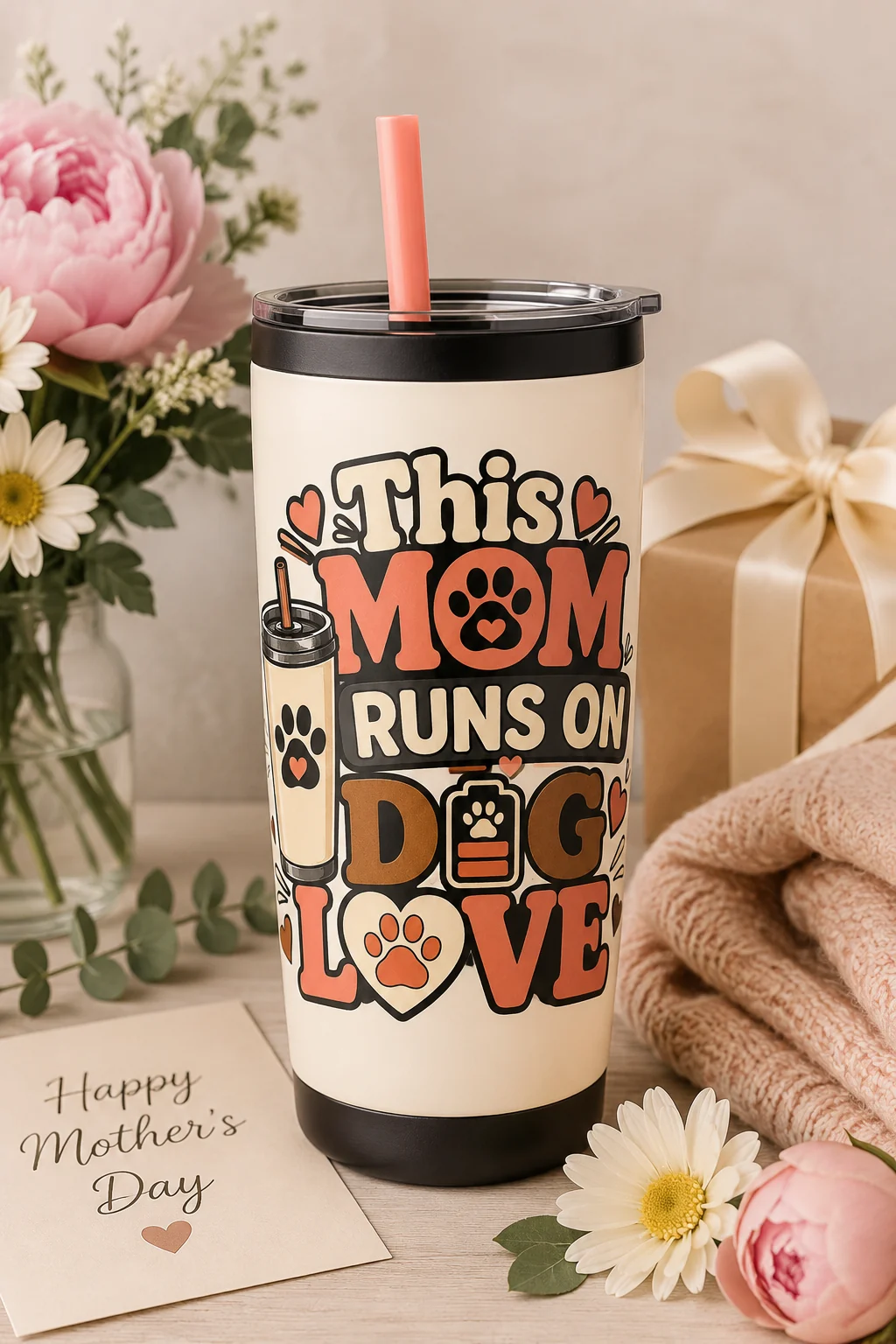 This Mom Runs On Dog Love tumbler in a seasonal gift scene with soft greenery, cozy fabric, warm drinkware, and neutral wrapping