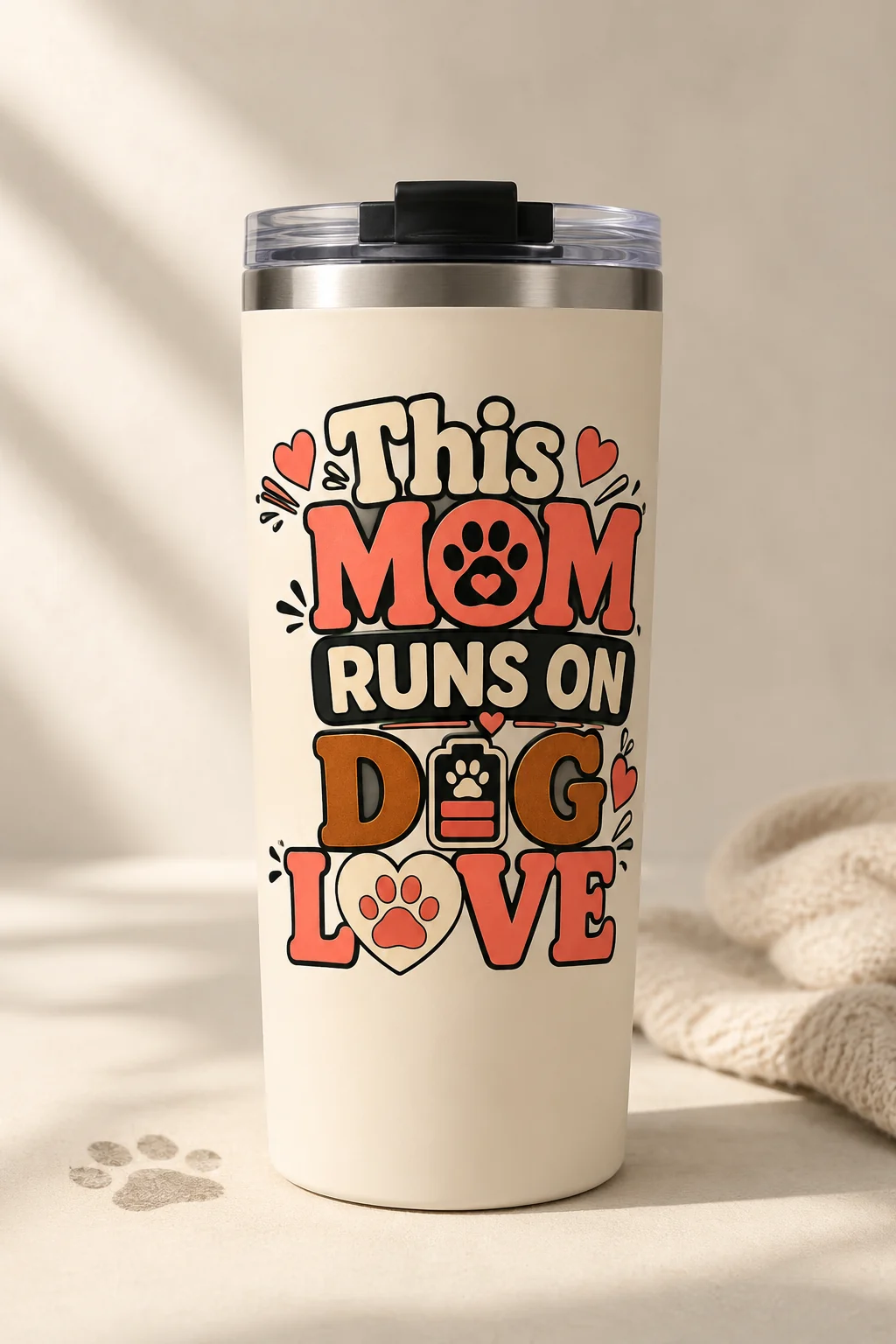 Front-facing This Mom Runs On Dog Love tumbler against a plain neutral background with soft fabric and a small paw-print accent