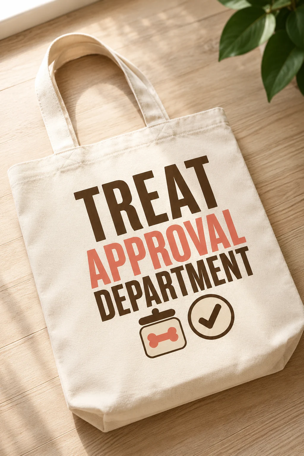 Tote bag printed with Treat Approval Department on a light natural-wood surface beside a subtle plant leaf