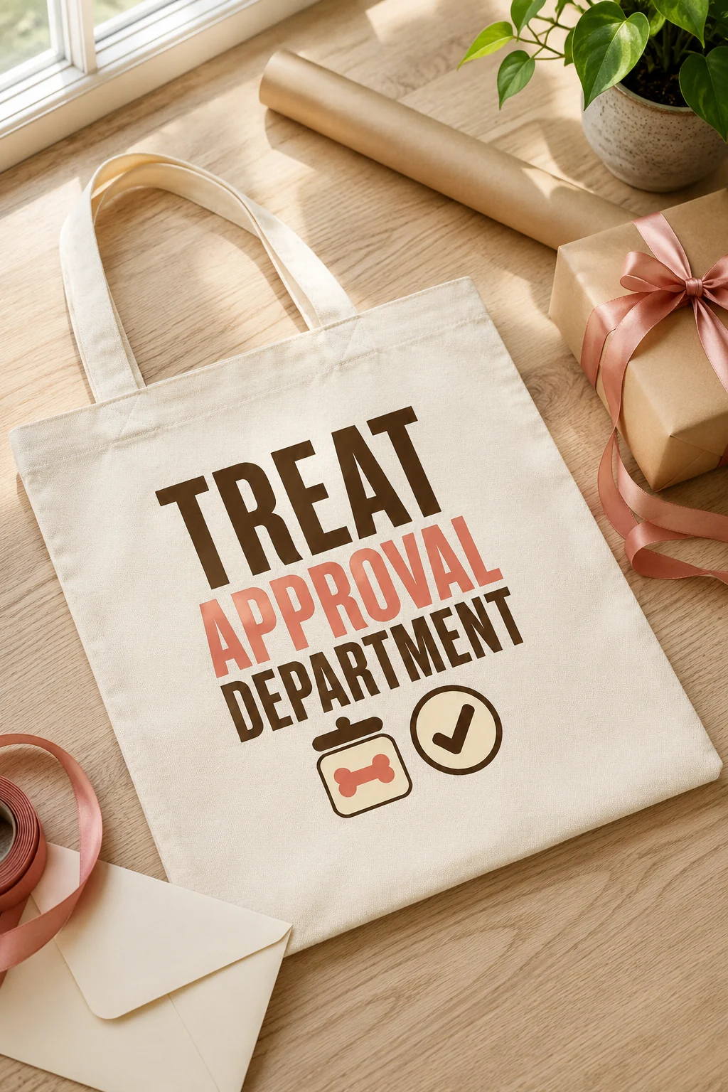 Treat Approval Department tote arranged as a birthday gift with plain wrapping paper, ribbon, and a blank envelope