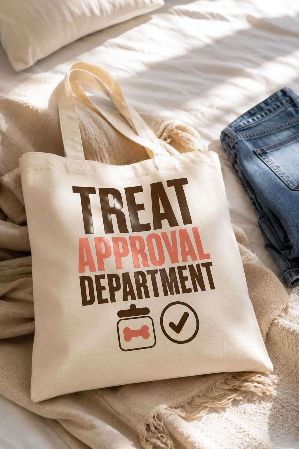 Treat Approval Department tote in a casual bedroom scene with folded jeans and neutral bedding