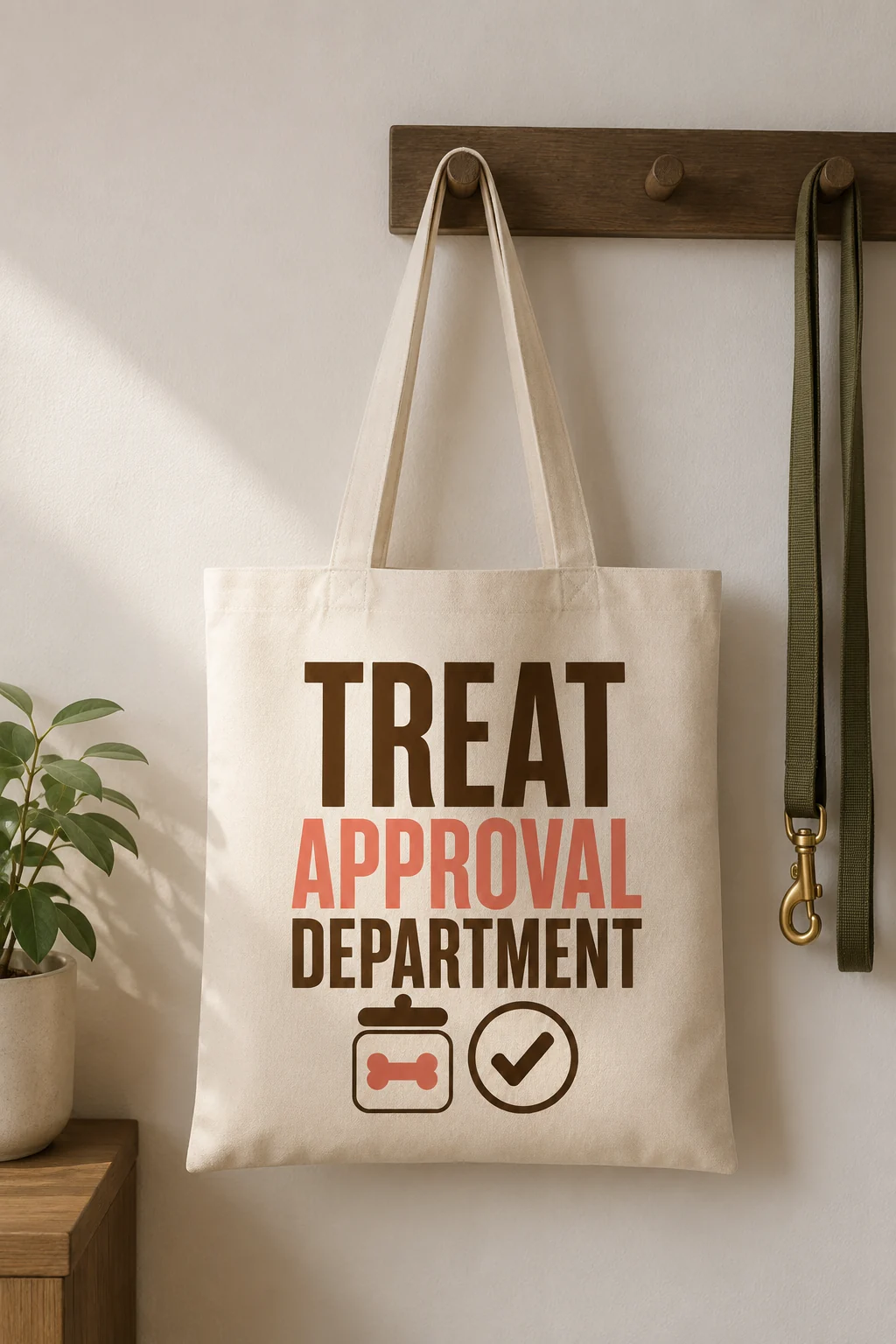 Treat Approval Department tote hanging in a minimal entryway near a plain leash